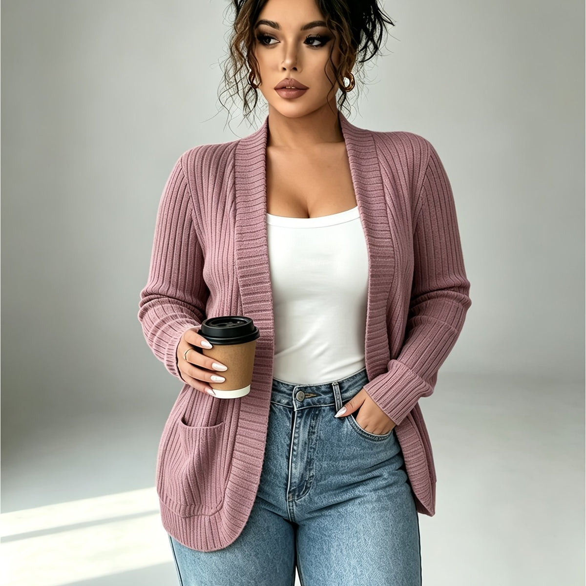 Cardigan grande taille, coupe ample, manches longues — composition : 60% Polyester, 35% Viscose, 5% Autres Fibres