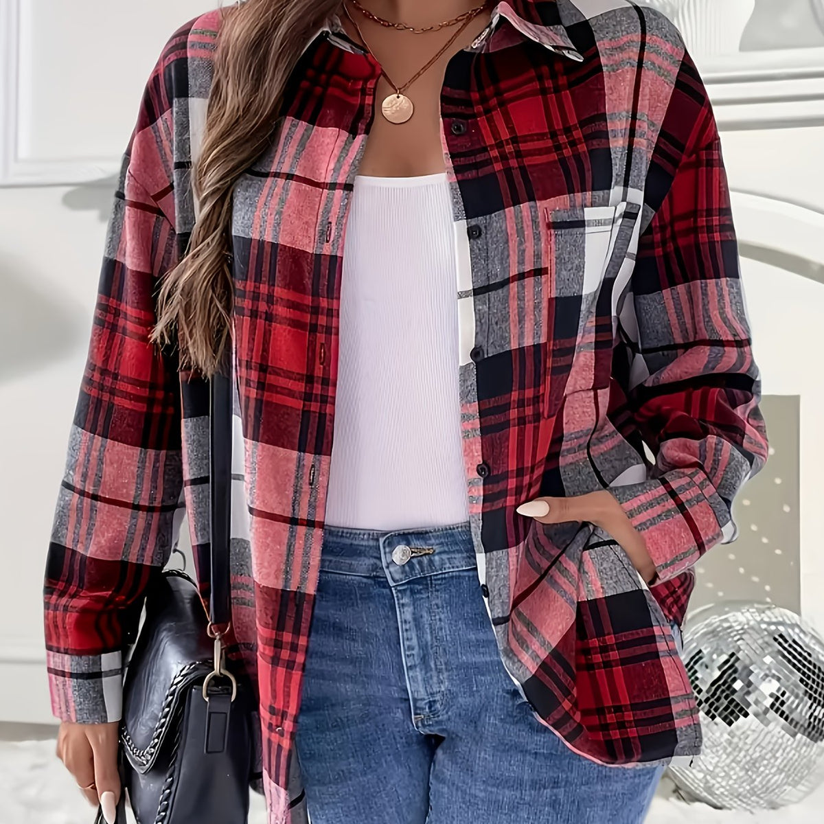 Top grande taille à carreaux, coupe oversize, manches longues — matière : polyester Image