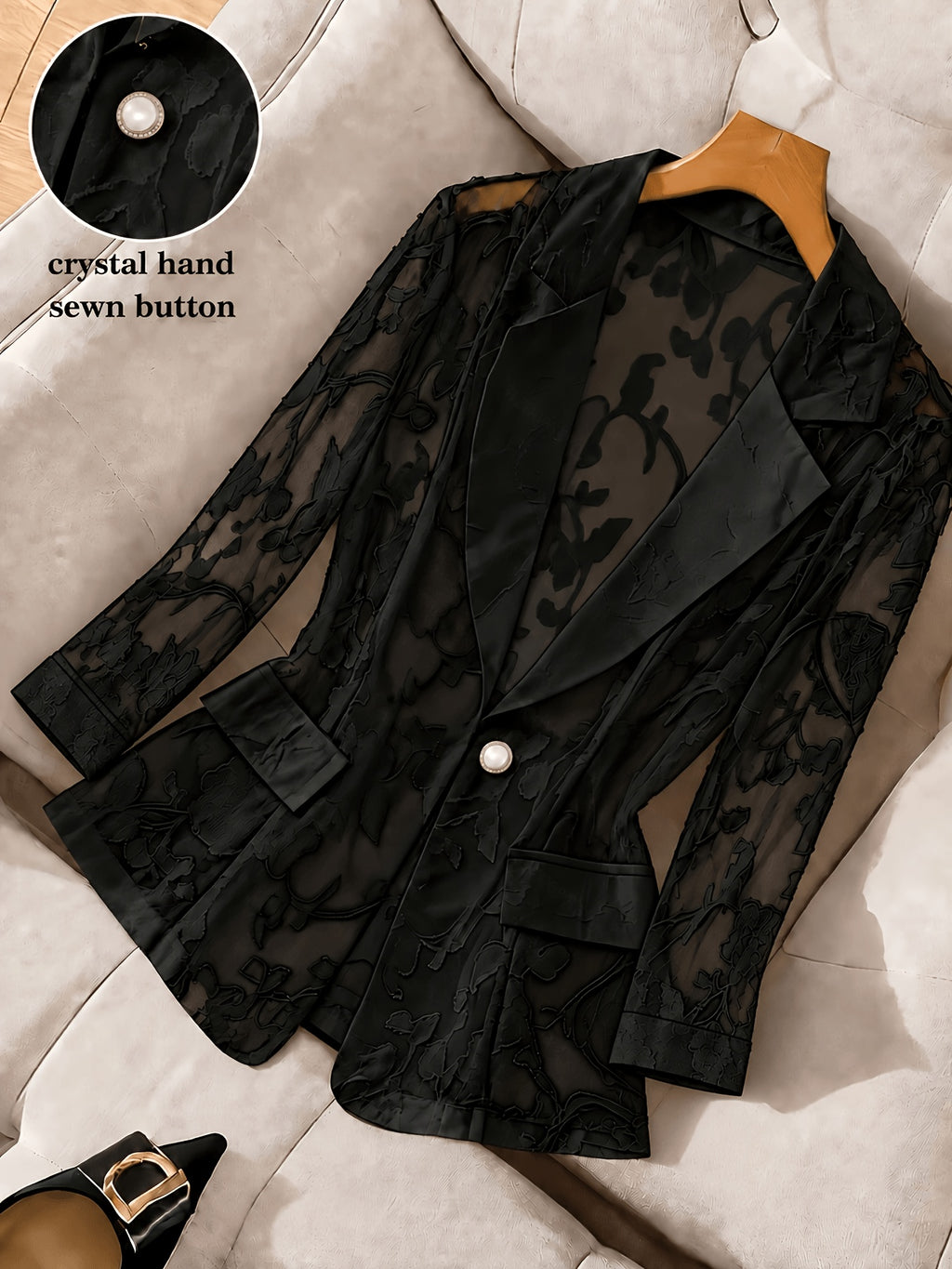 Blazer grande taille en dentelle, coupe oversize, effet ajouré — composition : 100% Polyester