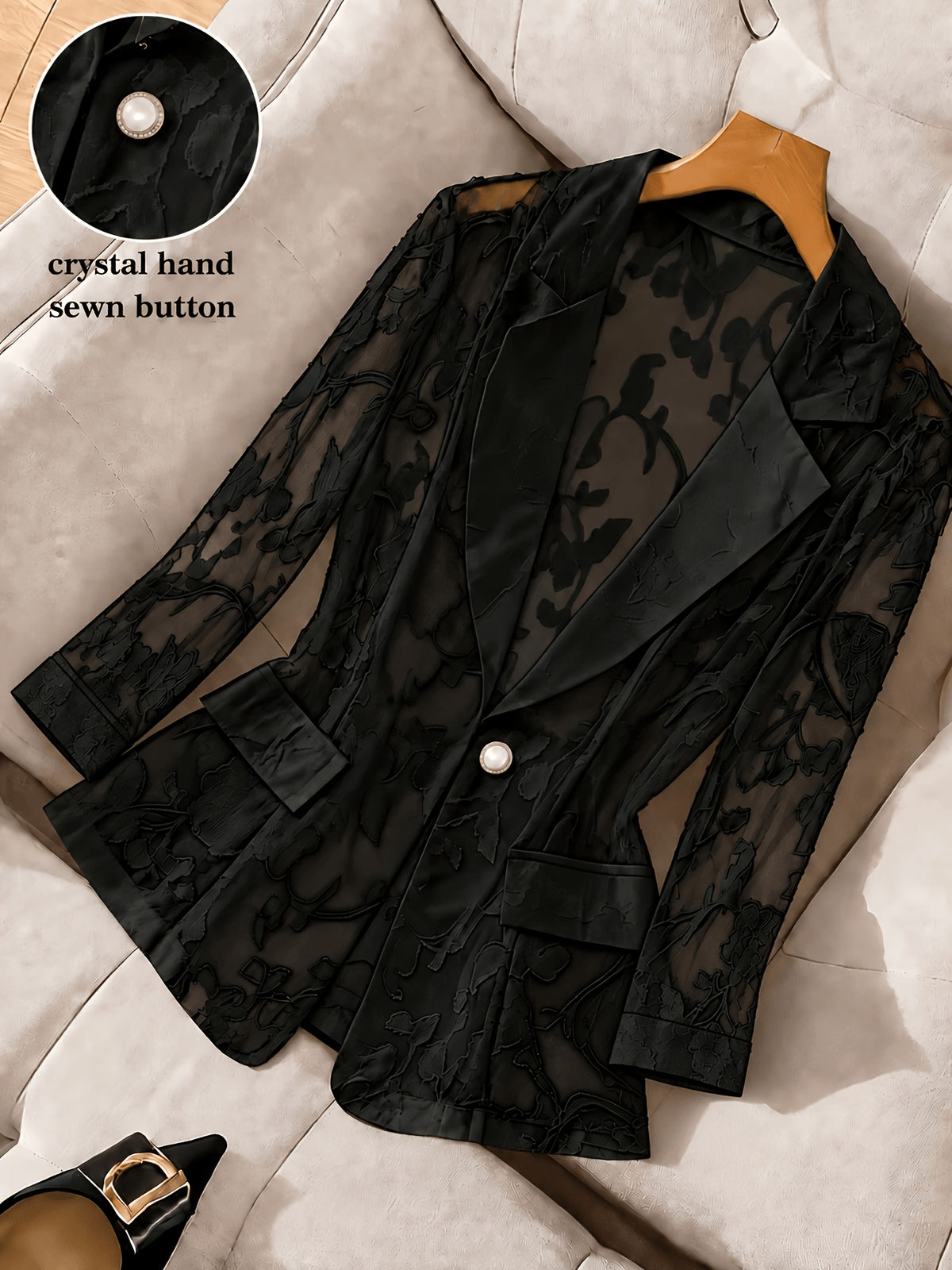 Blazer grande taille en dentelle, coupe oversize, effet ajouré — composition : 100% Polyester