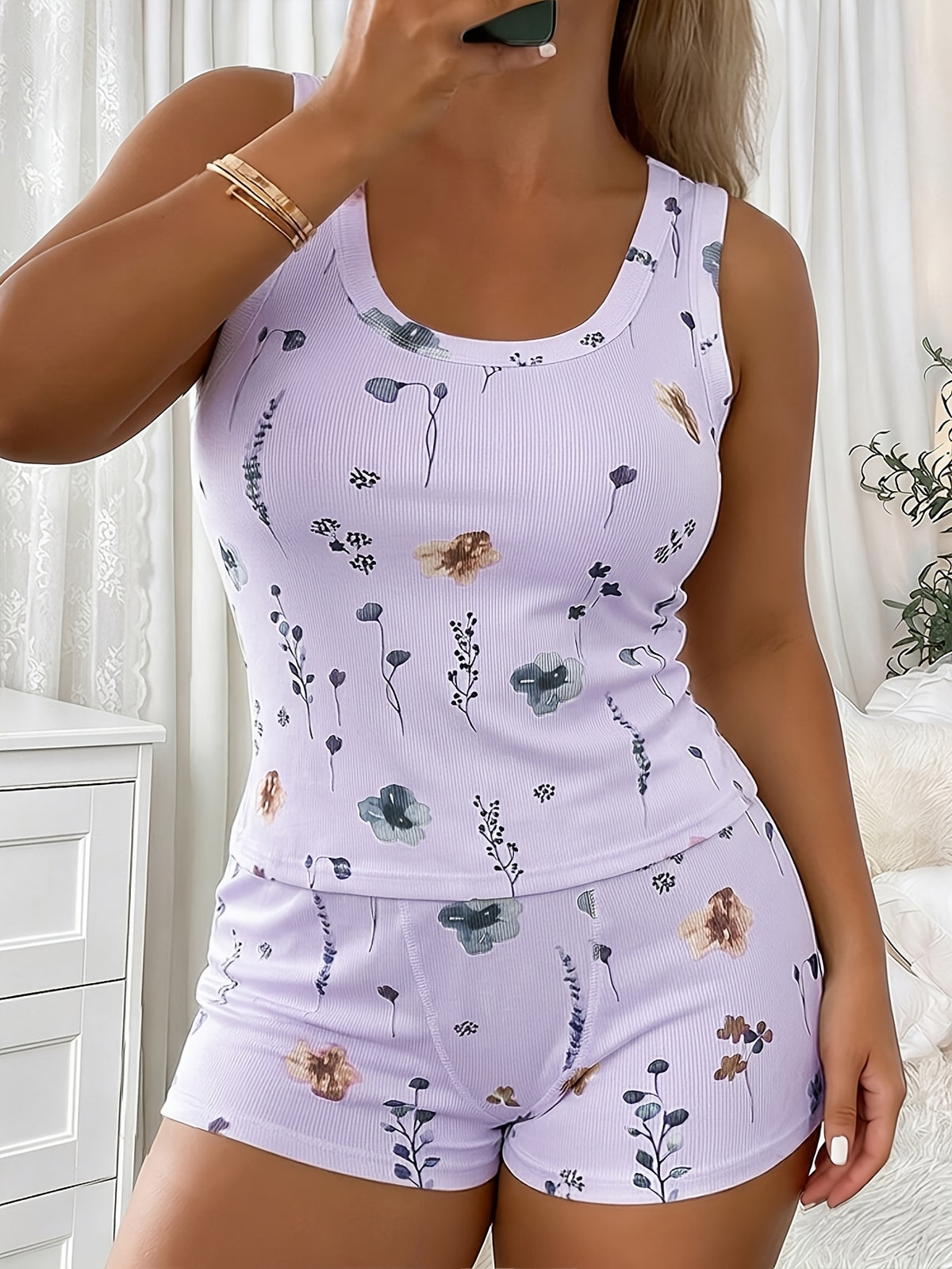 Pyjama grande taille à imprimé fleuri, tombé fluide, tissu opaque