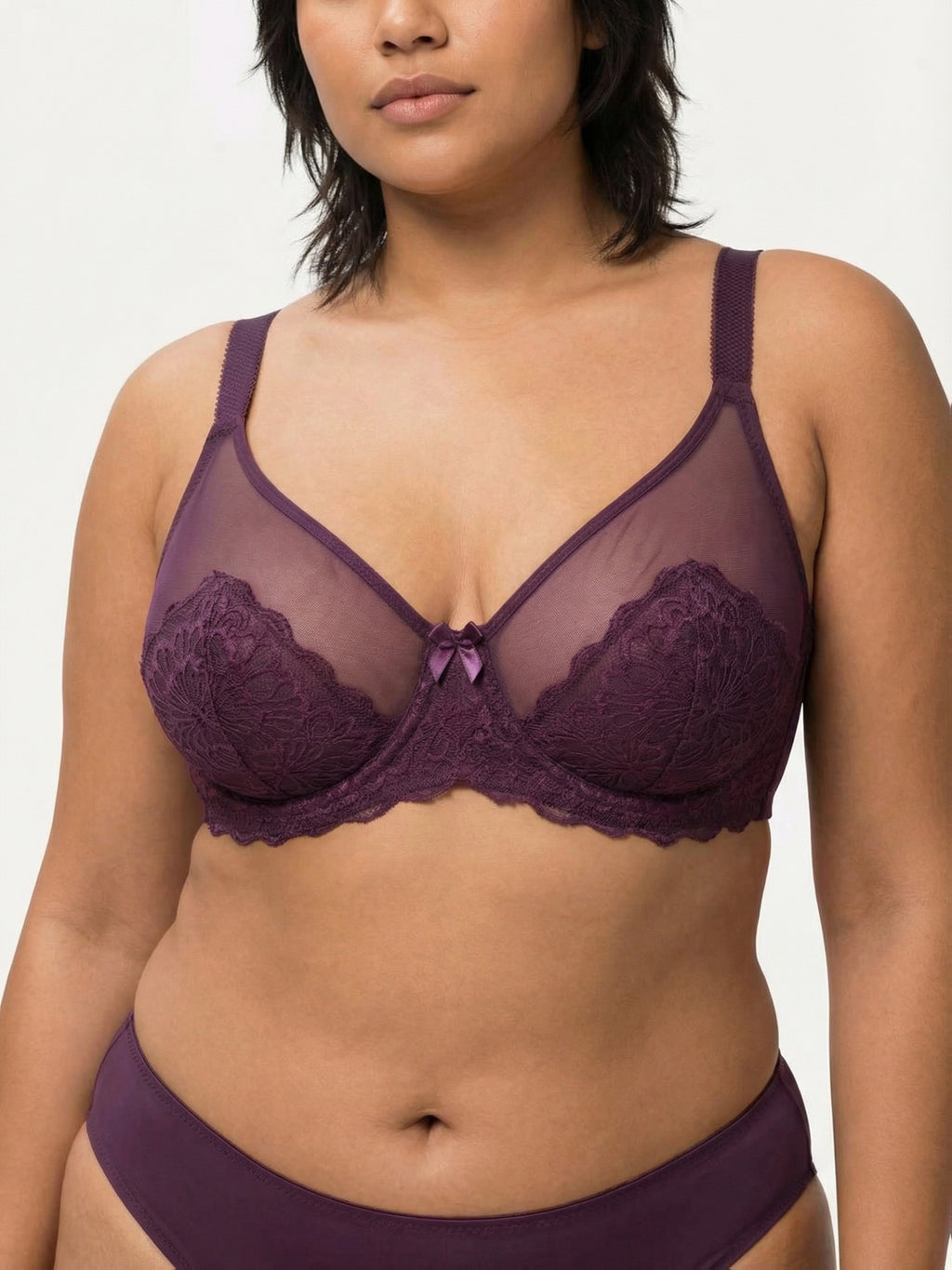 Soutien-gorge grande taille, maille transparente et dentelle