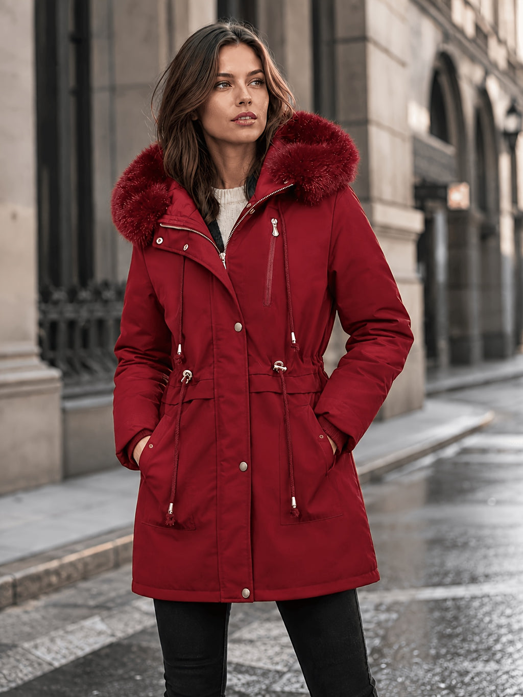 Manteau grande taille, chaleur d'hiver, tissu épais, vu de dos