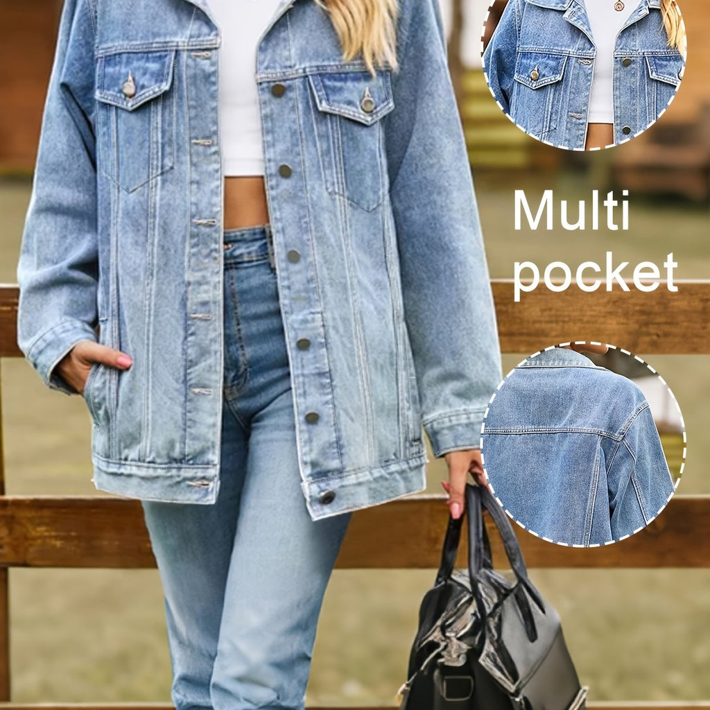 Veste grande taille, coupe oversize, poches plaquées, tenue franche — matière : denim