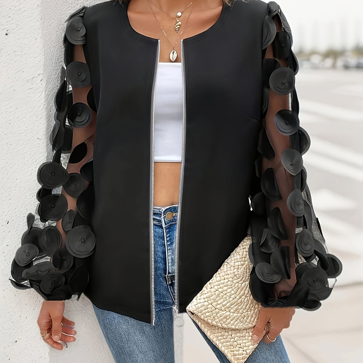 Veste grande taille, fermeture zippée, tissu léger — matière : polyester