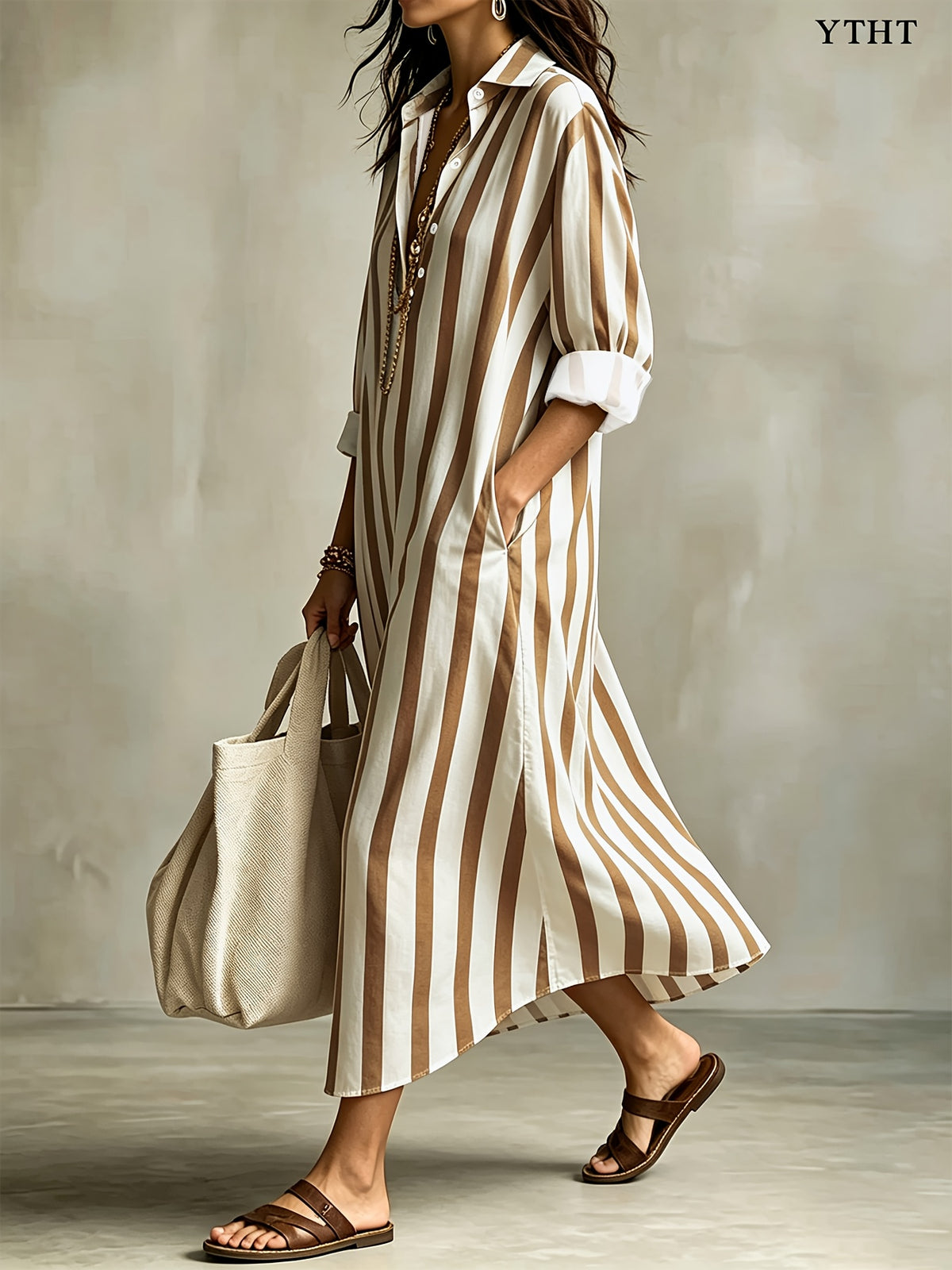 Robe grande taille à rayures, coupe oversize, manches longues, vue de profil