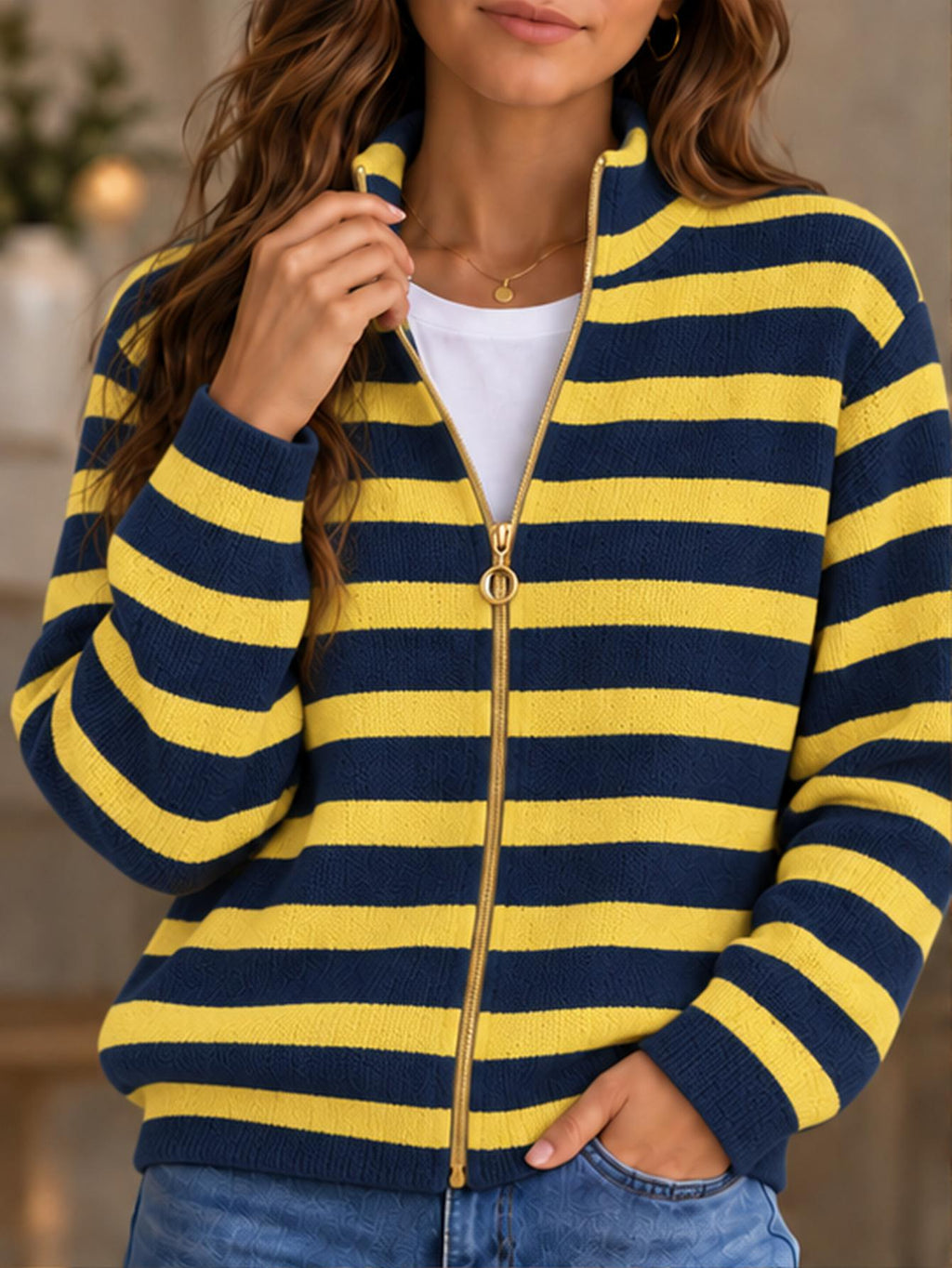 Veste grande taille à rayures, coupe oversize, col rond, fermeture zippée
