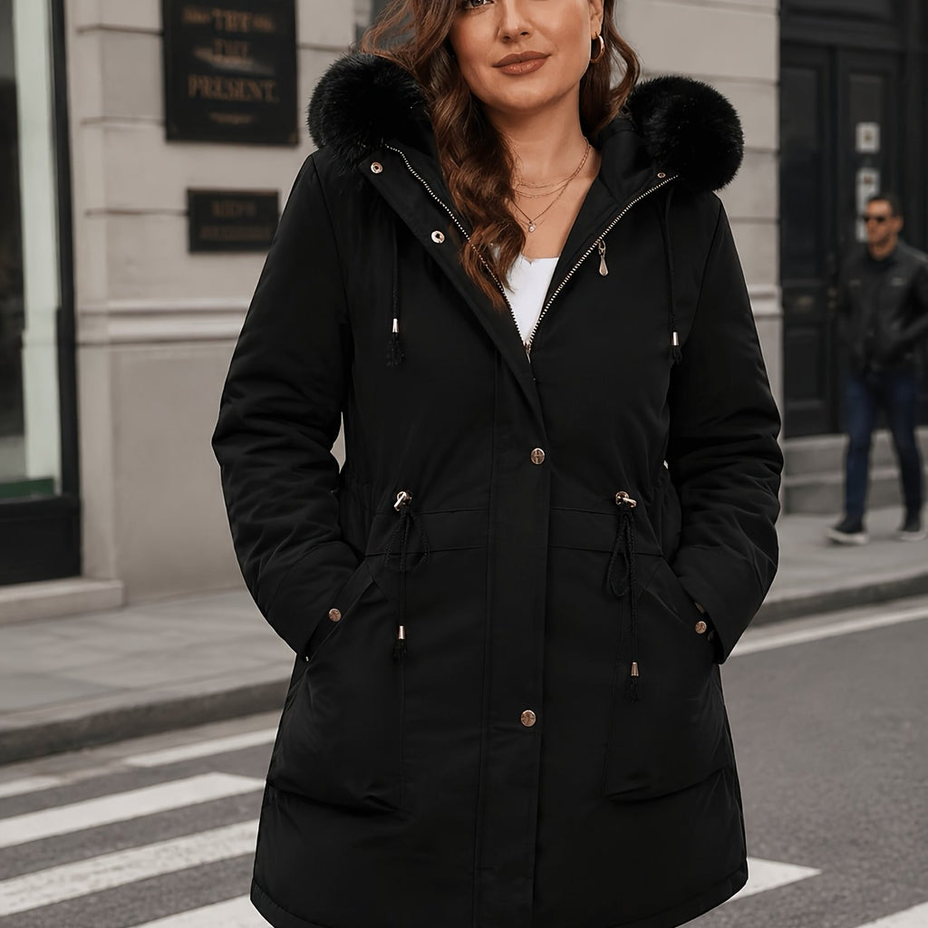 Veste grande taille, coupe oversize, longueur midi, cordon de serrage — matière : polyester