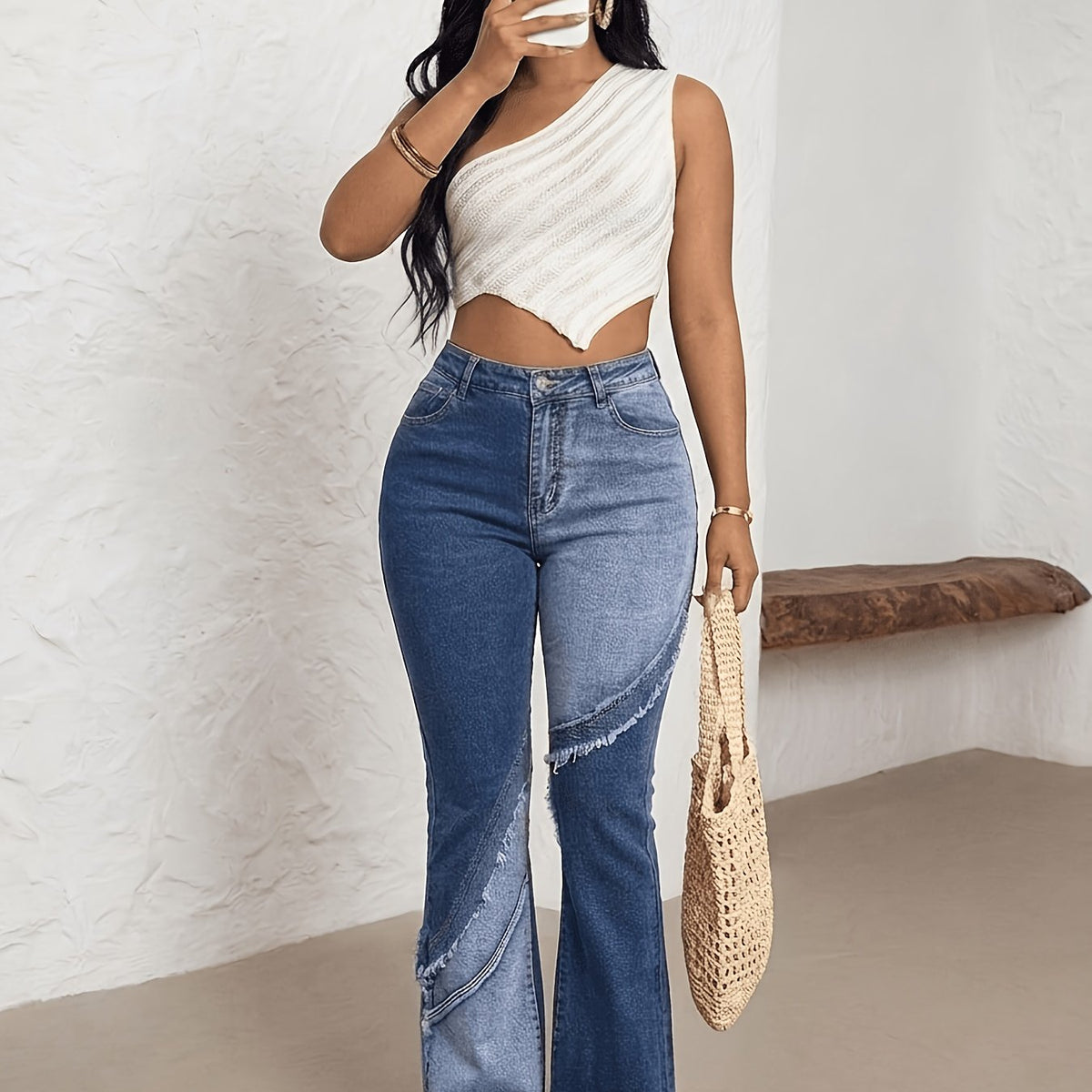 Pantalon grande taille, coupe évasée, tenue franche, chaleur d'hiver — matière : denim