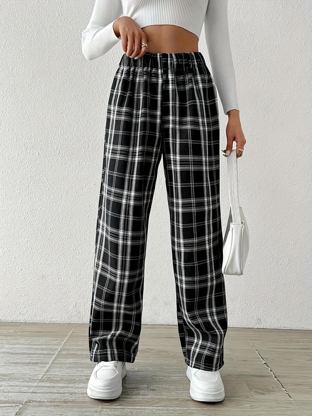 Pantalon grande taille à carreaux, coupe droite, chaleur d'hiver — composition : 100% Polyester