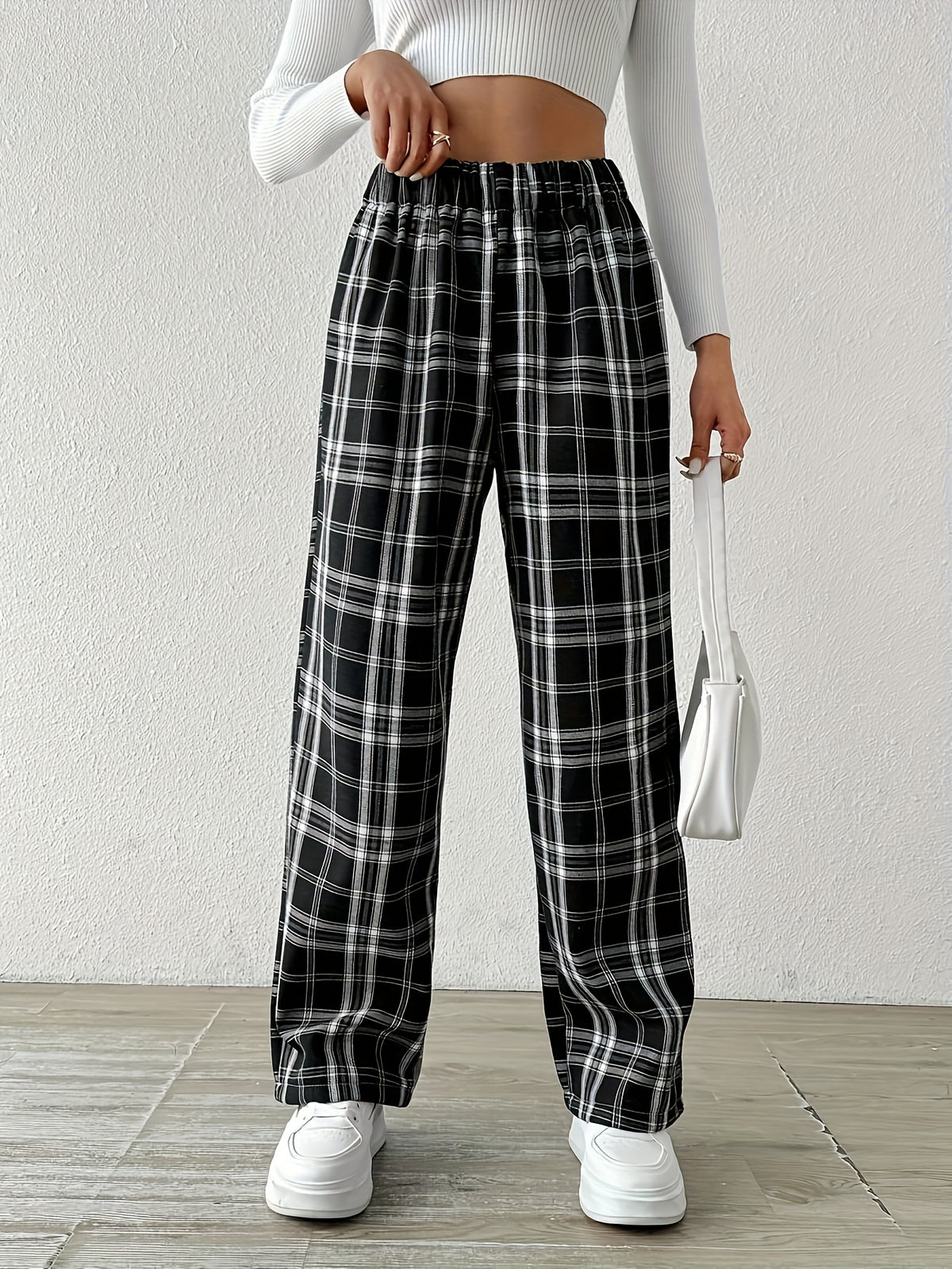 Pantalon grande taille à carreaux, coupe droite, chaleur d'hiver — composition : 100% Polyester Image
