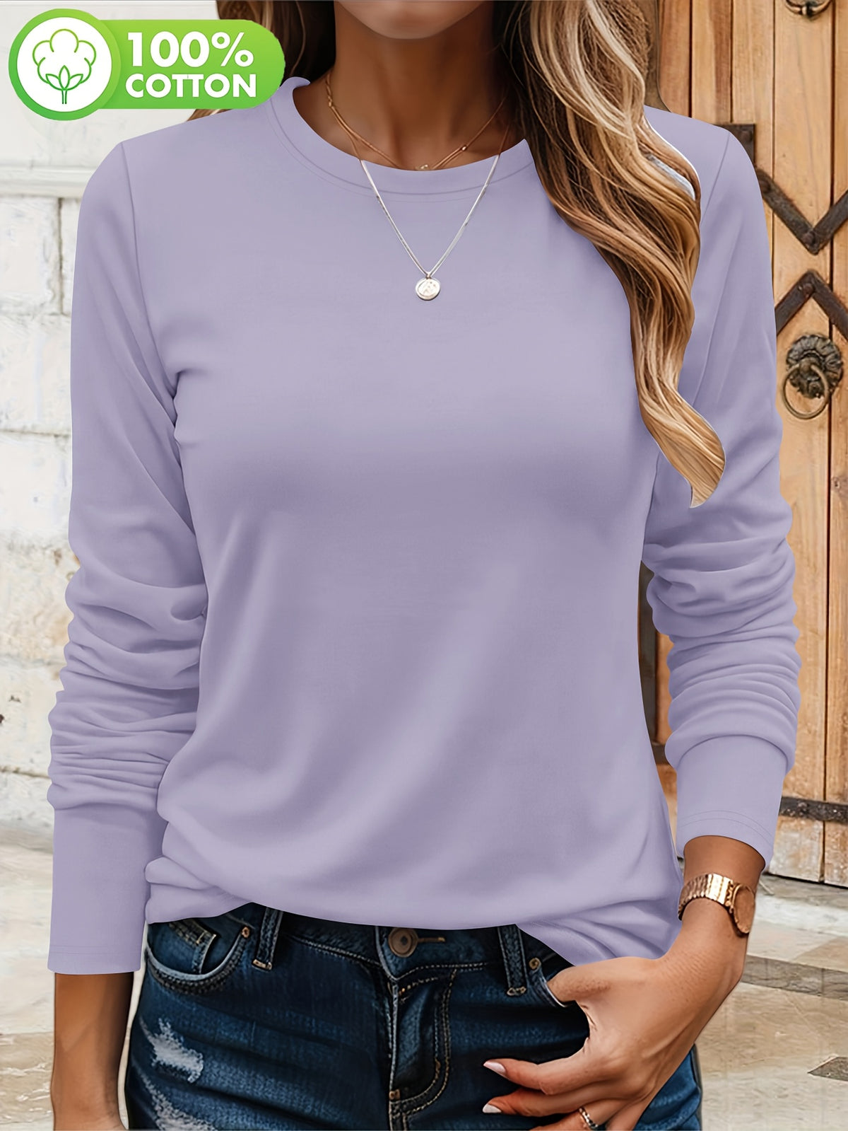 T-shirt grande taille, col rond, manches longues, toucher naturel, autre coloris