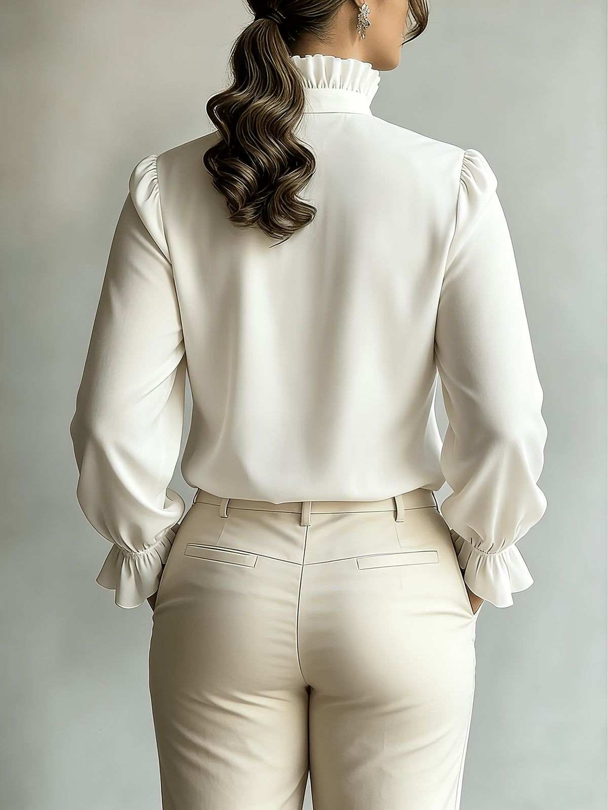 Chemise grande taille en dentelle, col montant, manches longues, effet ajouré, détail du tissu
