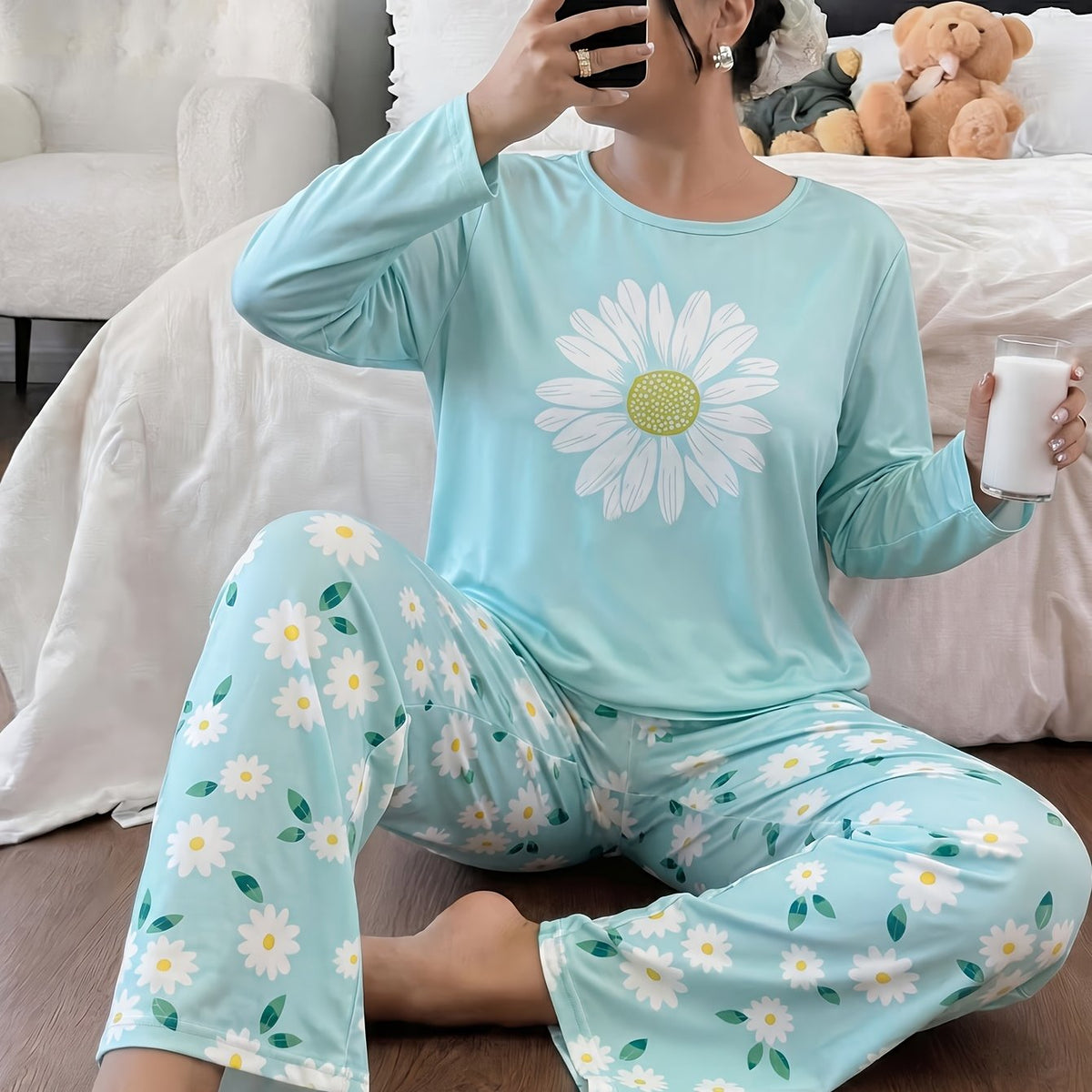 Pyjama grande taille à rayures, coupe ample, manches longues — matière : polyester