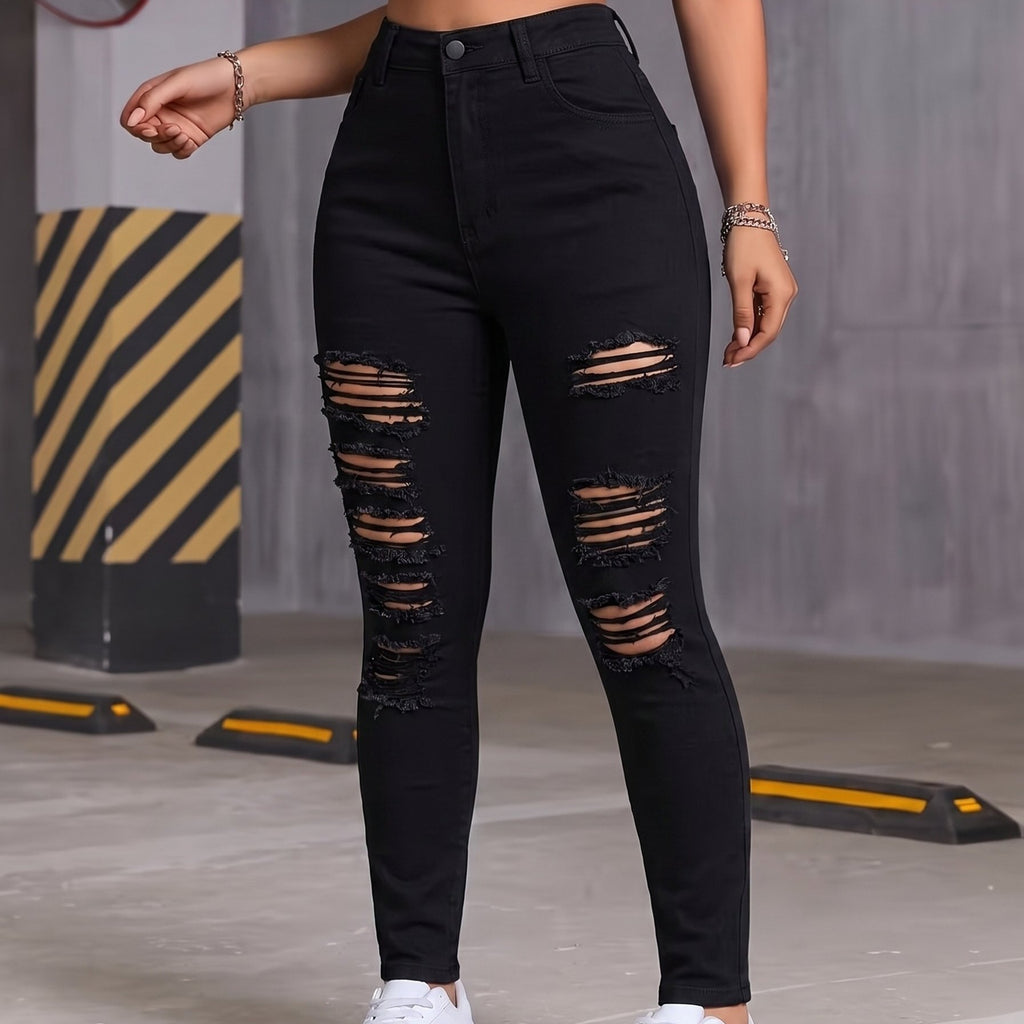 Jean grande taille, coupe ajustée, fente, tenue franche — matière : denim