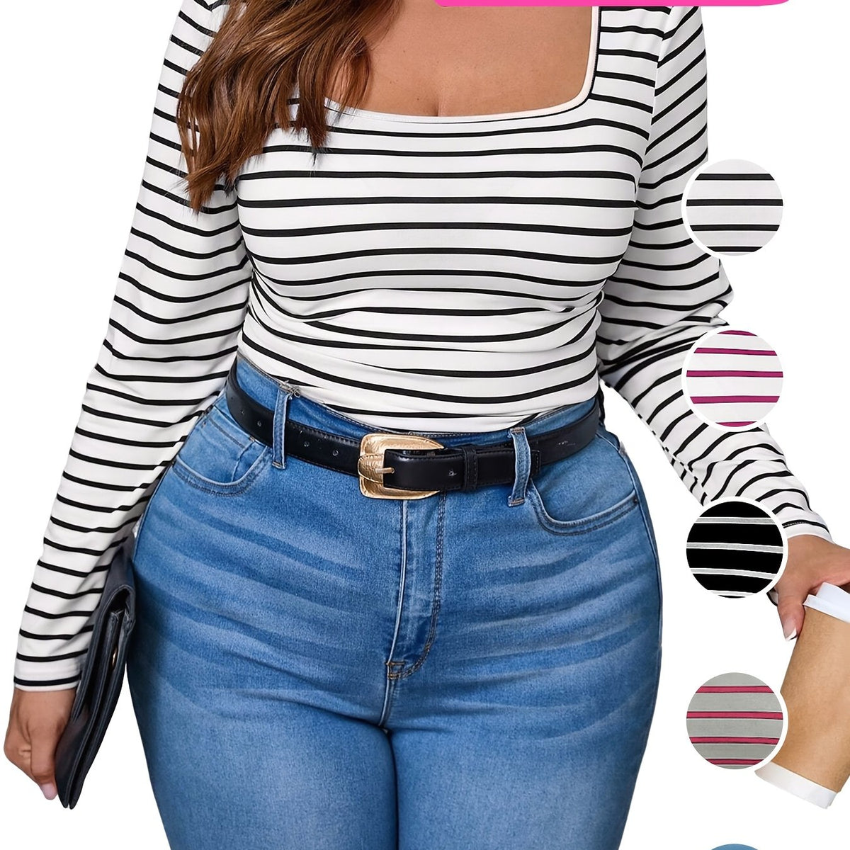 T-shirt grande taille à rayures, manches longues — matière : polyester