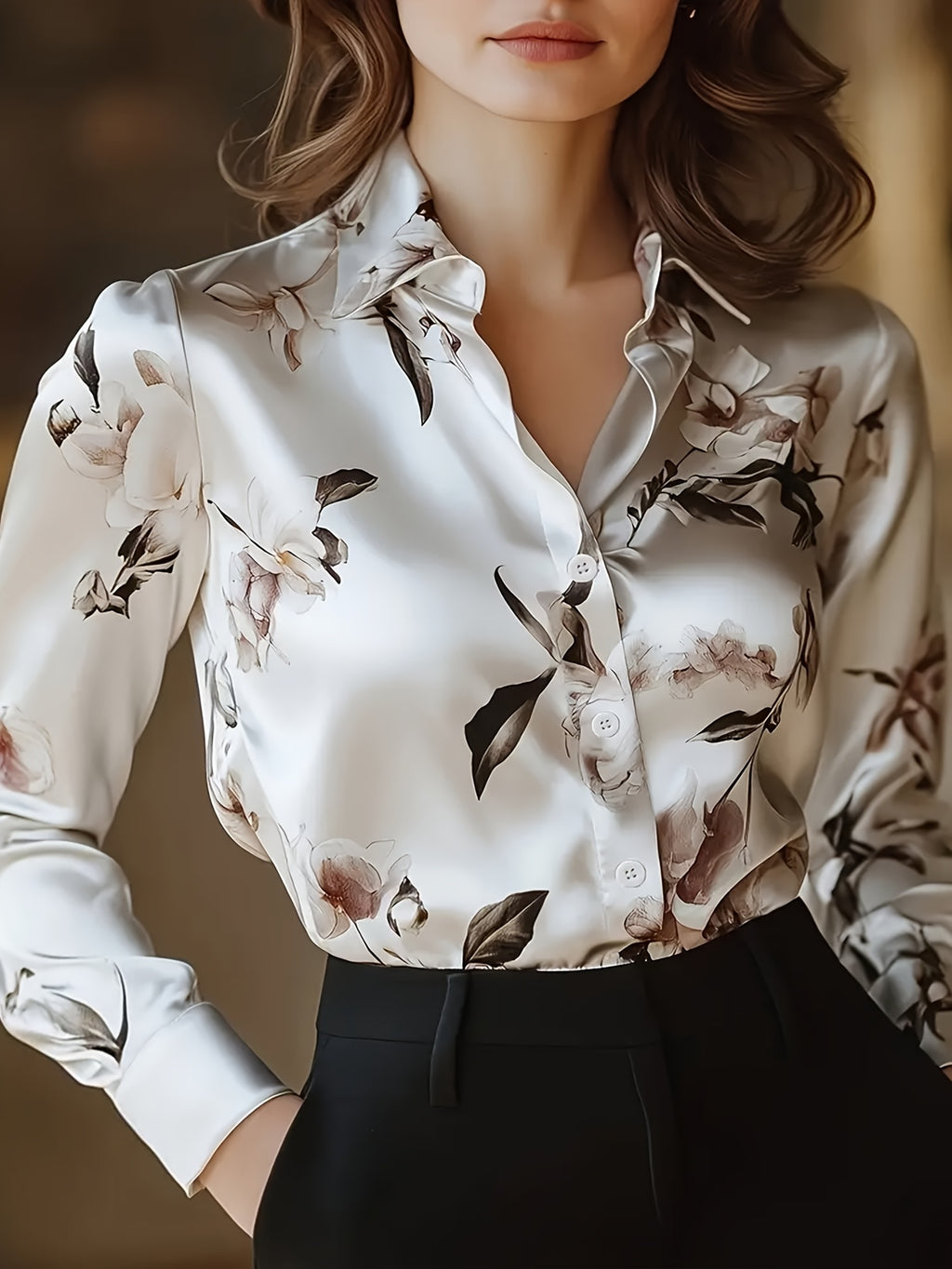 Chemise grande taille en satin à imprimé fleuri, col à revers, tombé fluide, détail du tissu