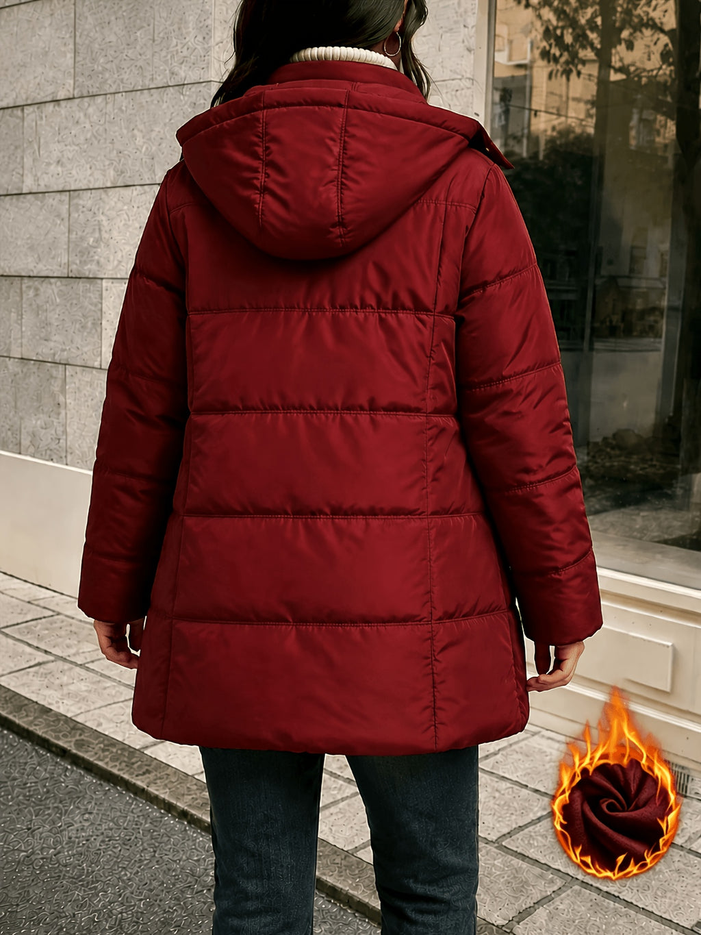 Veste grande taille, coupe oversize, longueur midi, capuche, mise en situation