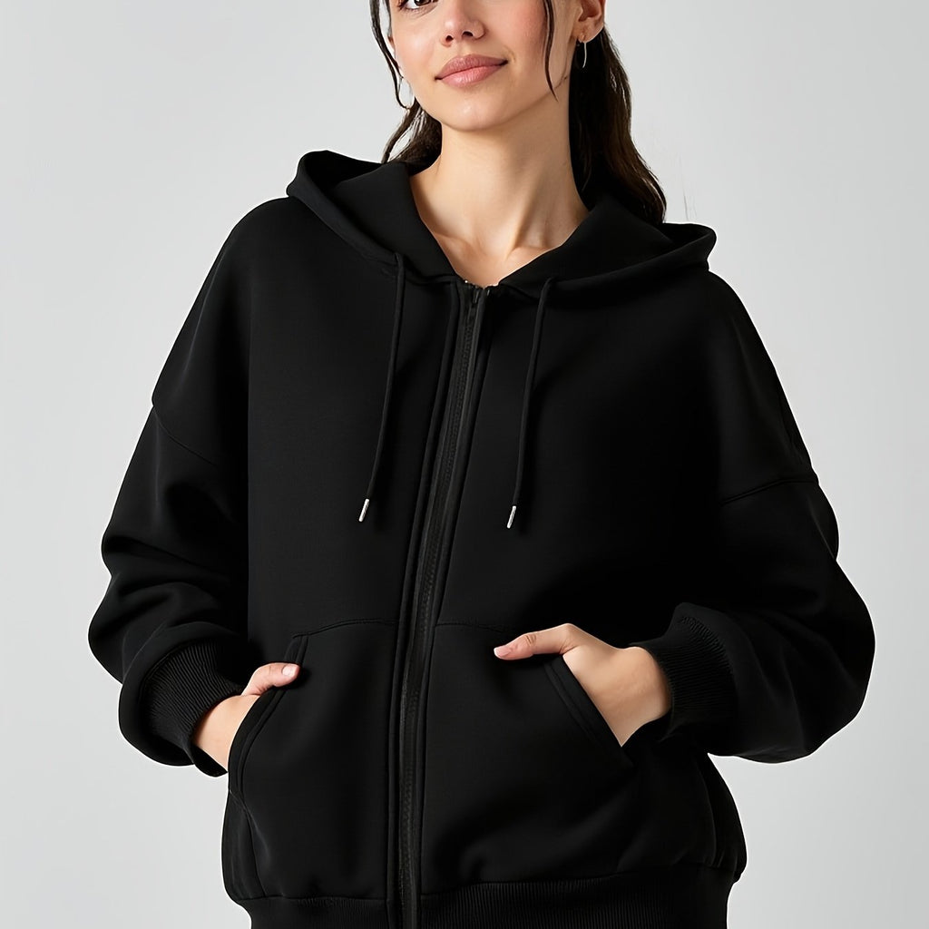 Sweat grande taille, coupe oversize, fermeture zippée, capuche — matière : polyester
