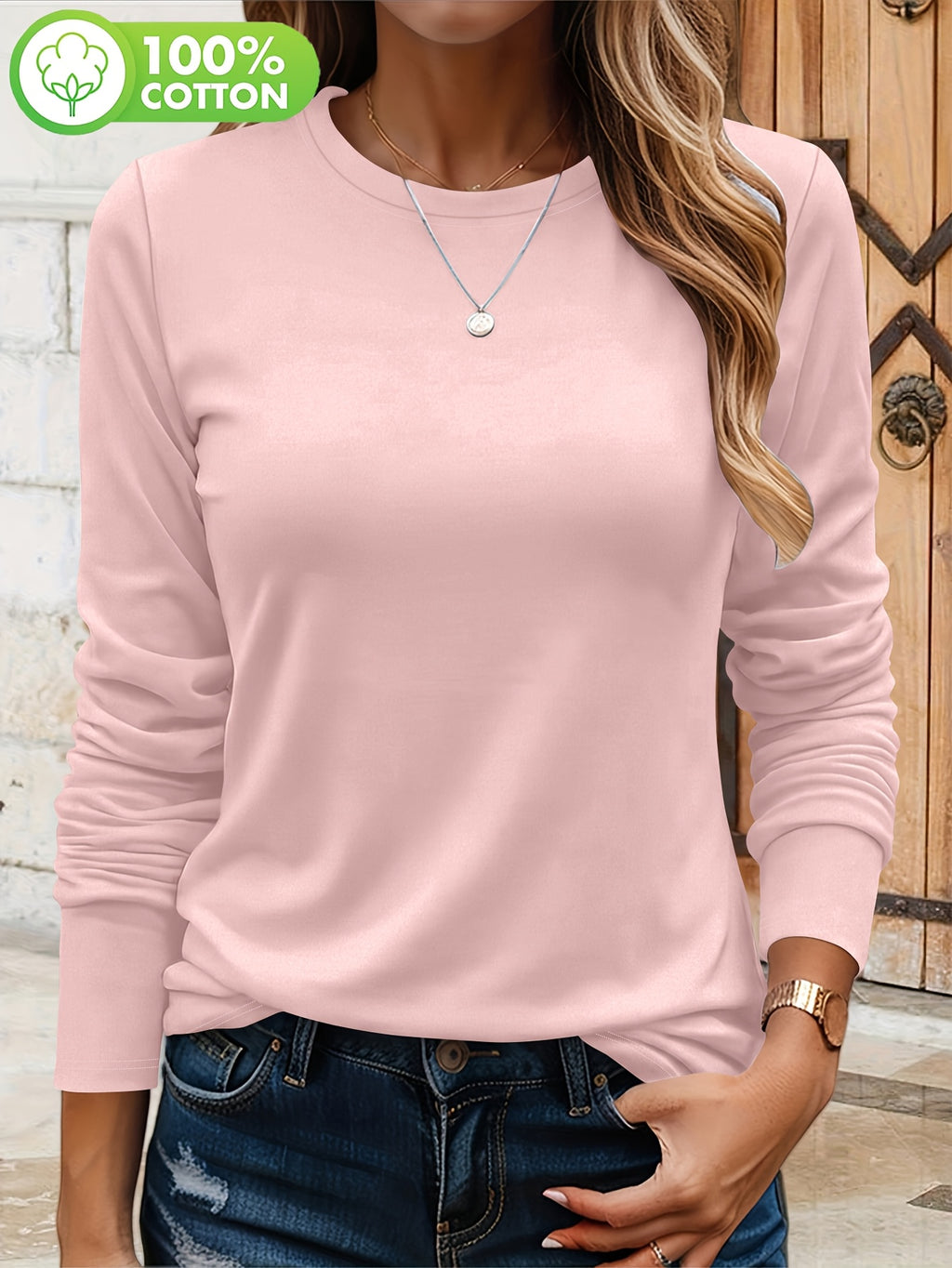 T-shirt grande taille, col rond, manches longues, toucher naturel, gros plan