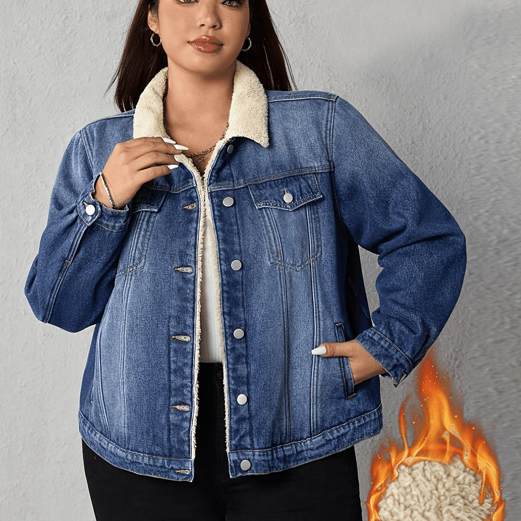 Veste grande taille, coupe oversize, boutonnage, tenue franche — matière : denim