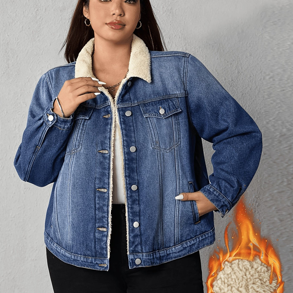 Veste grande taille, coupe oversize, boutonnage, tenue franche — matière : denim