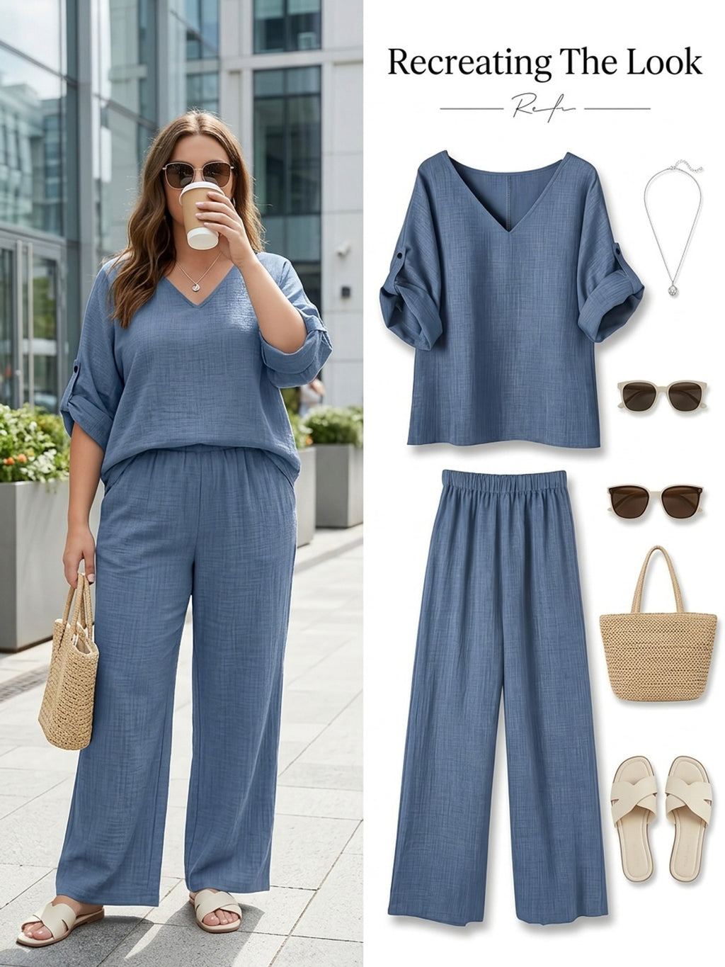 Ensemble pantalon grande taille — 2 pièces bleu col en V