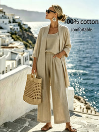 Ensemble pantalon grande taille — 3 pièces en coton beige