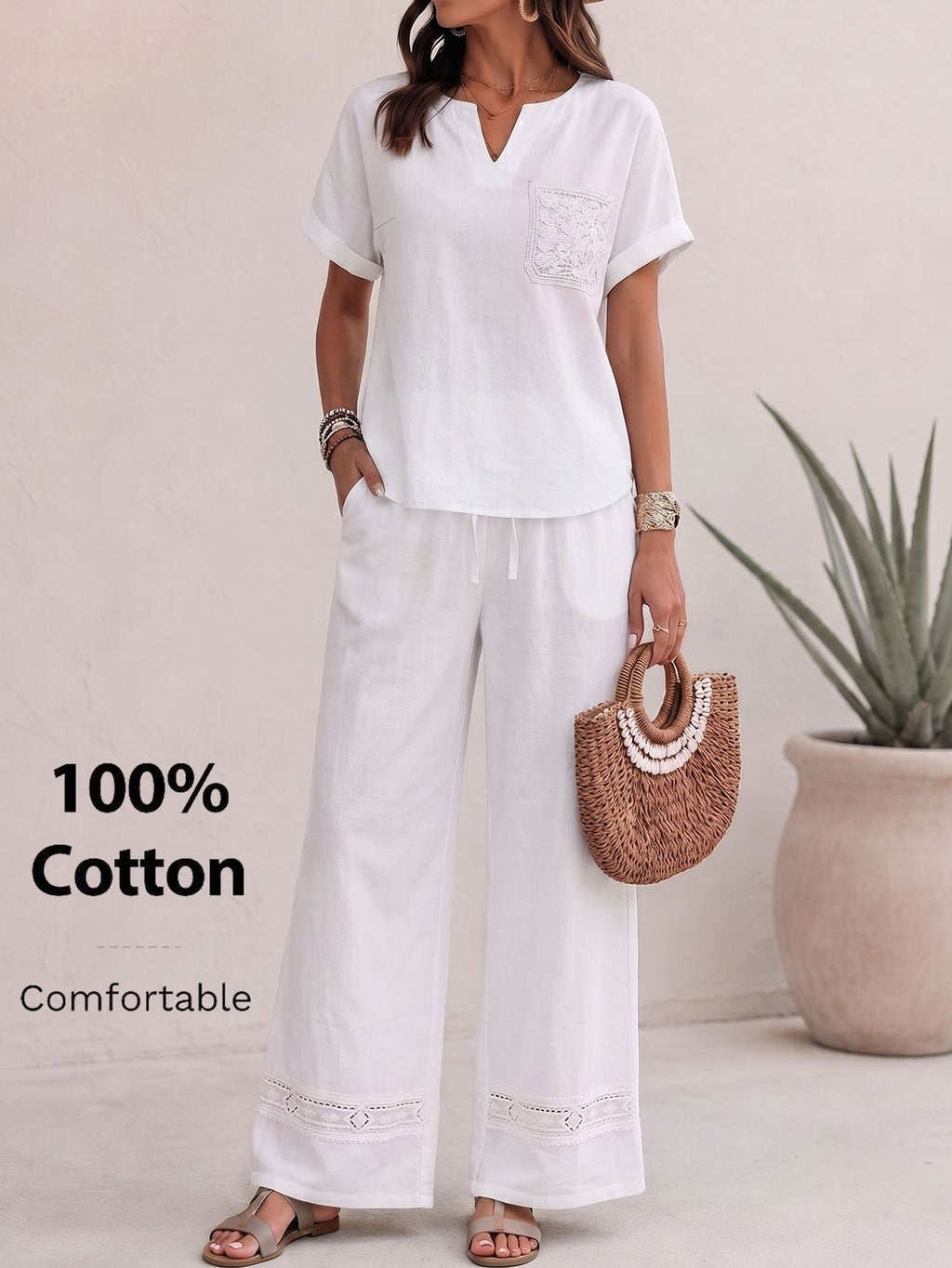 Ensemble en coton grande taille — Haut col V et bas large