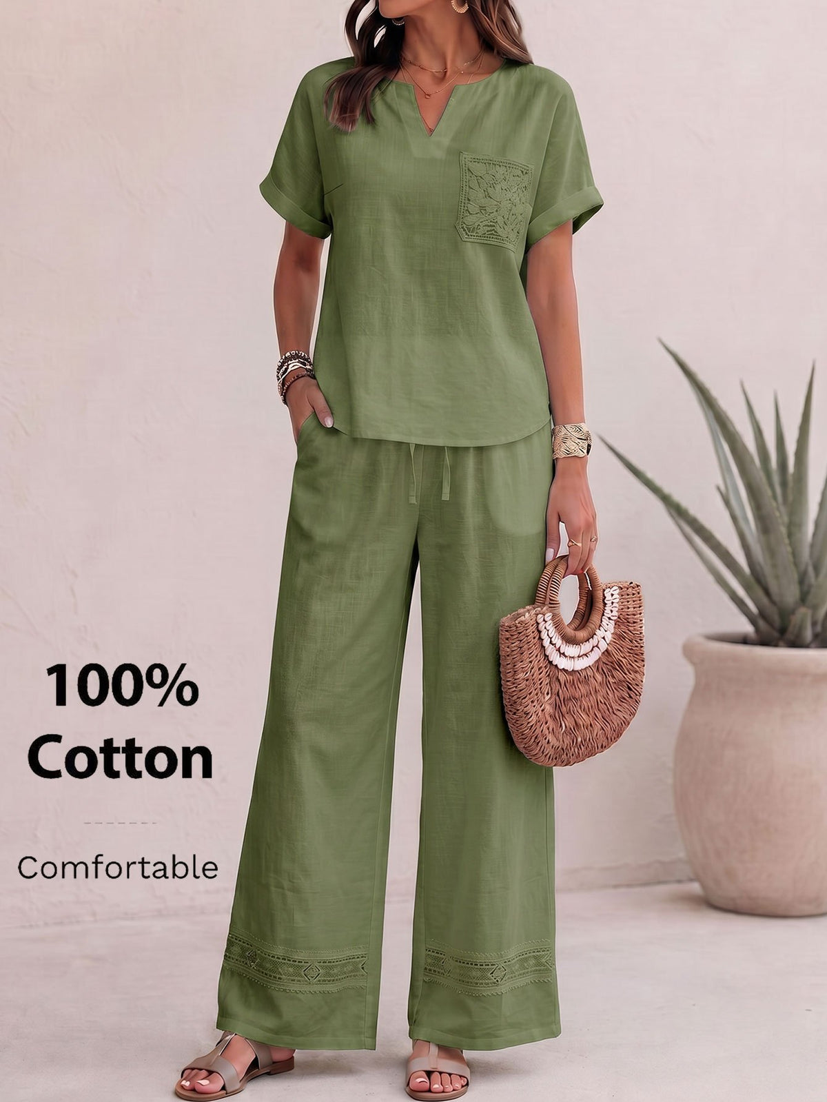 Ensemble en coton grande taille — Haut col V et bas large