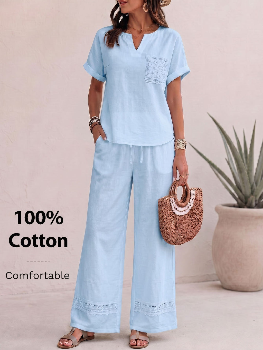 Ensemble en coton grande taille — Haut col V et bas large