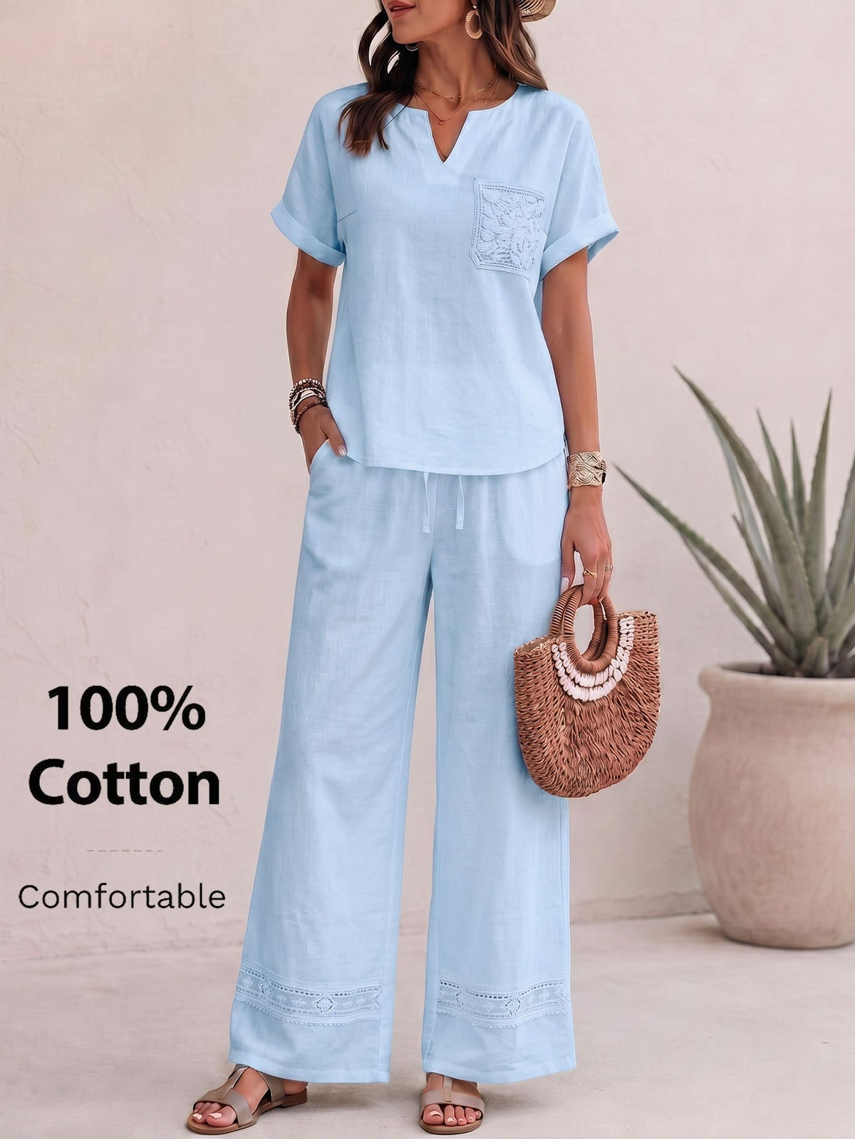 Ensemble en coton grande taille — Haut col V et bas large