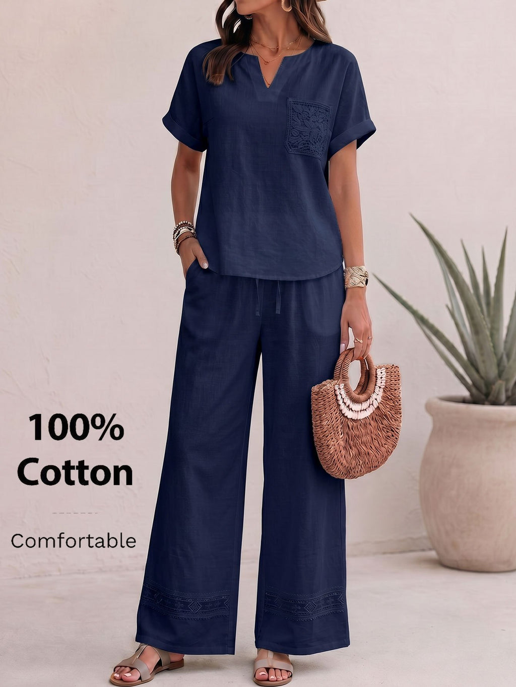 Ensemble en coton grande taille — Haut col V et bas large
