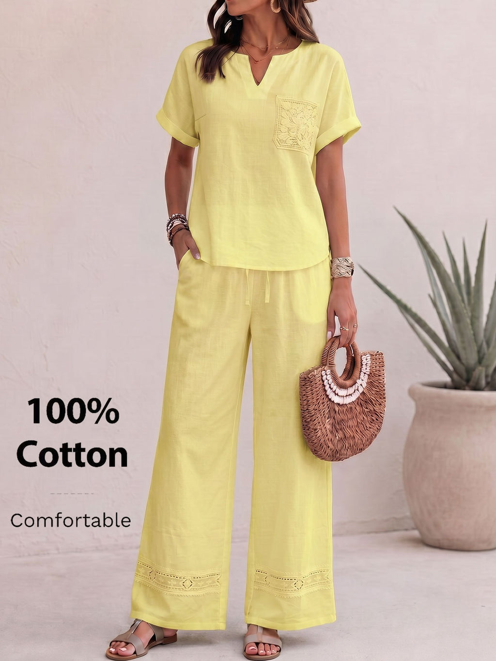 Ensemble en coton grande taille — Haut col V et bas large