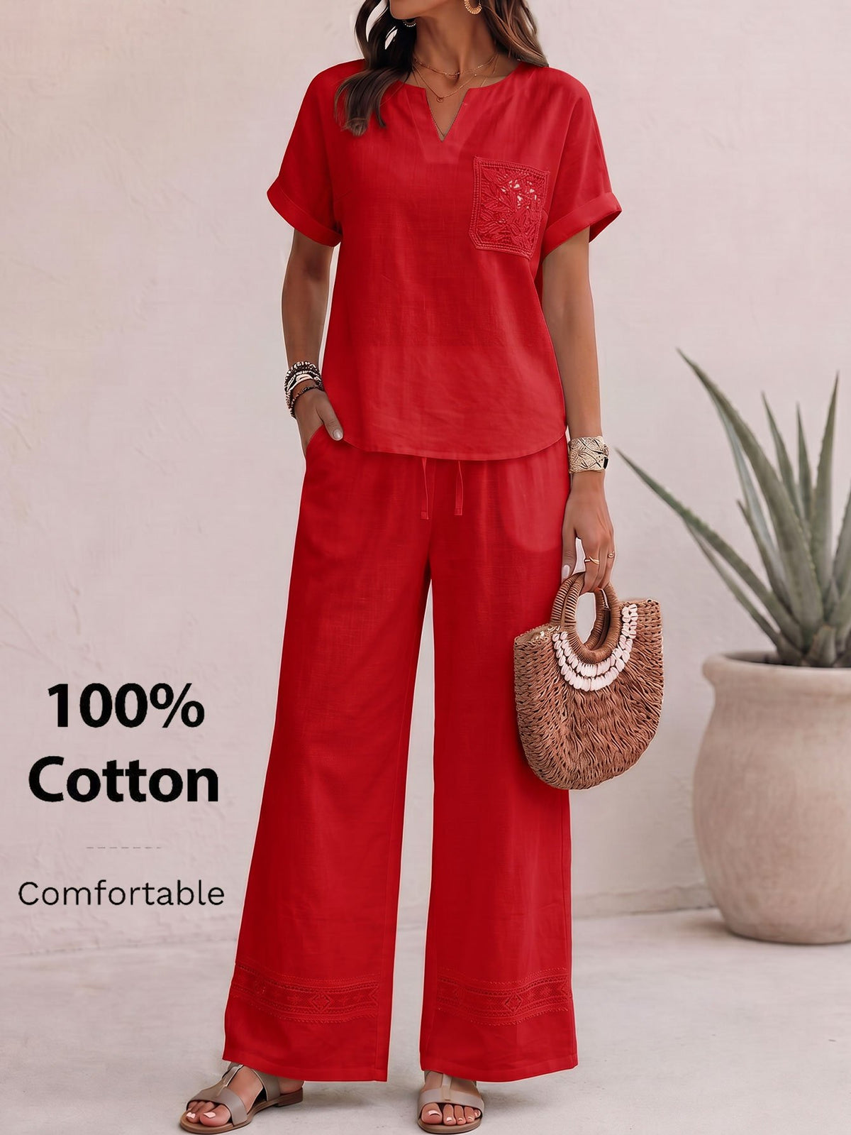 Ensemble en coton grande taille — Haut col V et bas large