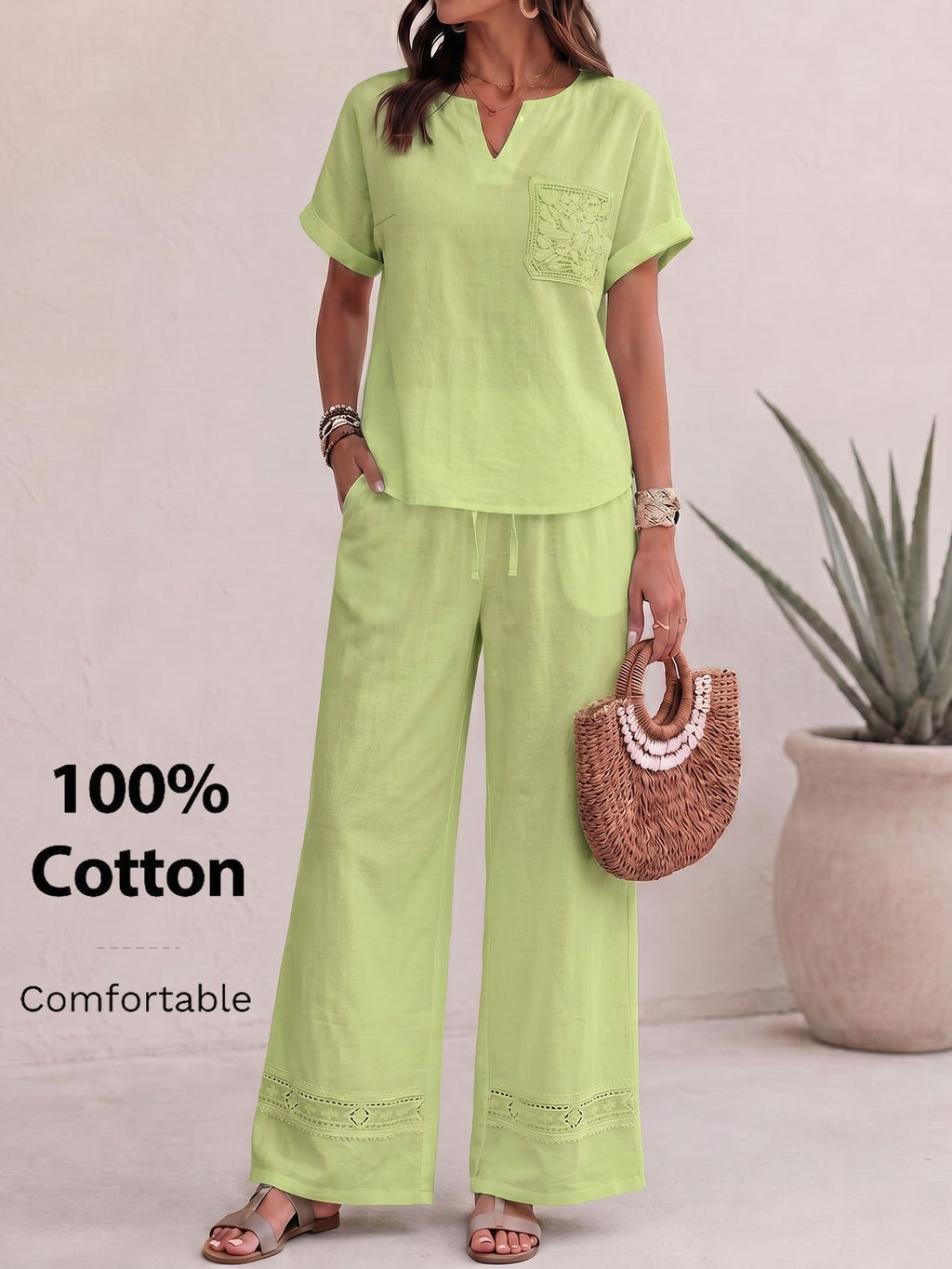 Ensemble en coton grande taille — Haut col V et bas large