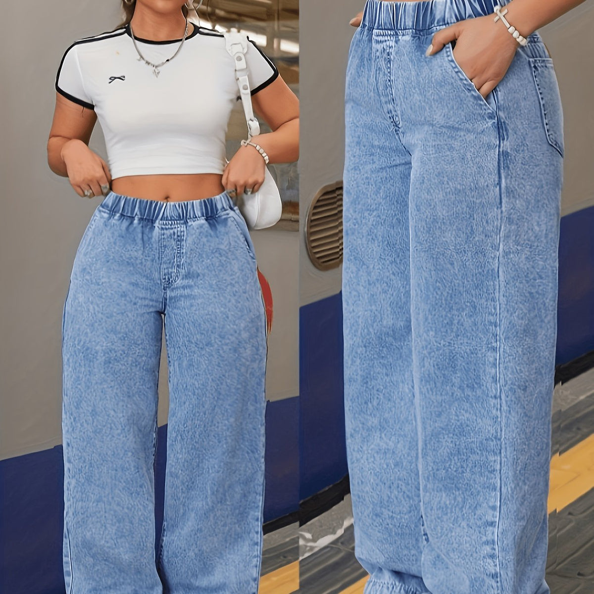 Jean grande taille, coupe oversize, tenue franche, jambe droite — matière : denim