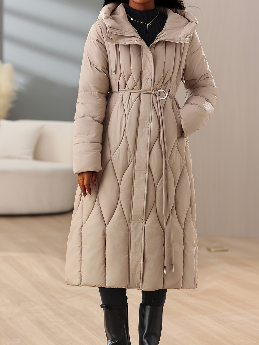 Manteau grande taille, coupe ajustée, capuche, chaleur d'hiver, gros plan