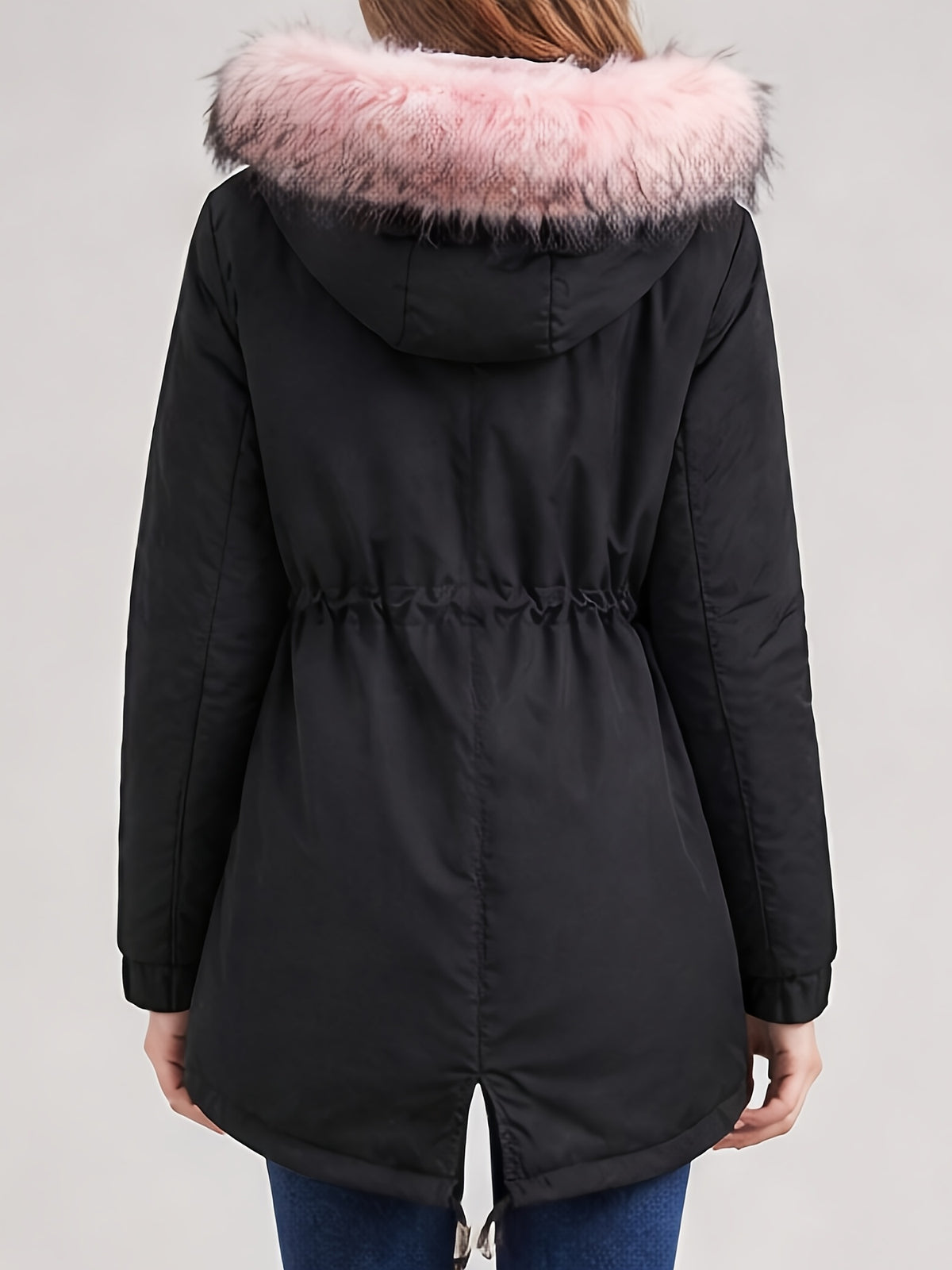 Manteau grande taille, cordon de serrage, capuche, chaleur d'hiver, vue de profil