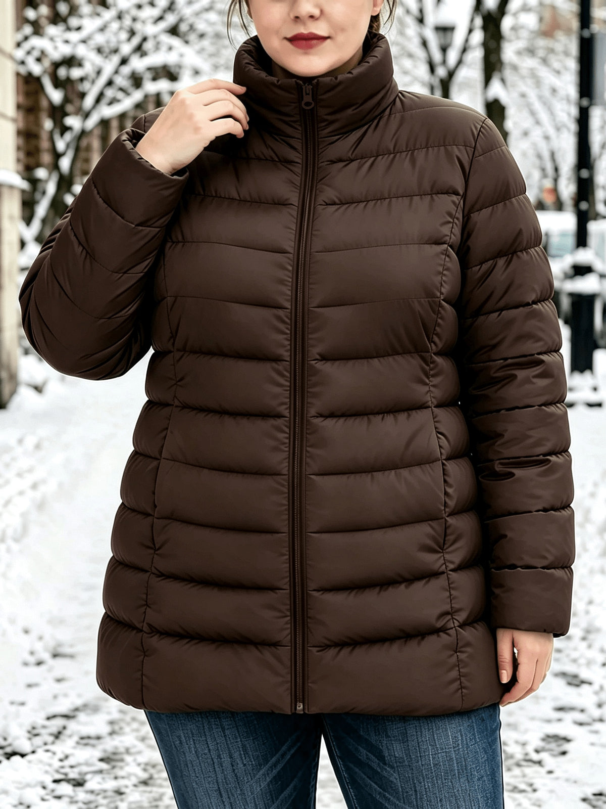 Veste grande taille, poches plaquées, fermeture zippée, chaleur d'hiver, détail du tissu