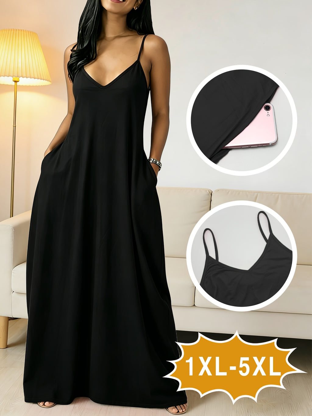 Robe longue grande taille — Fines bretelles et poches profondes