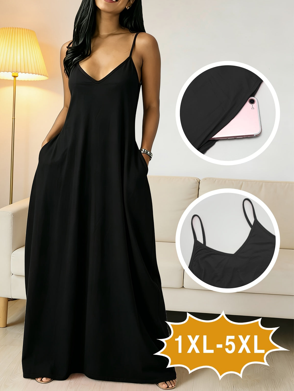 Robe longue grande taille — Fines bretelles et poches profondes