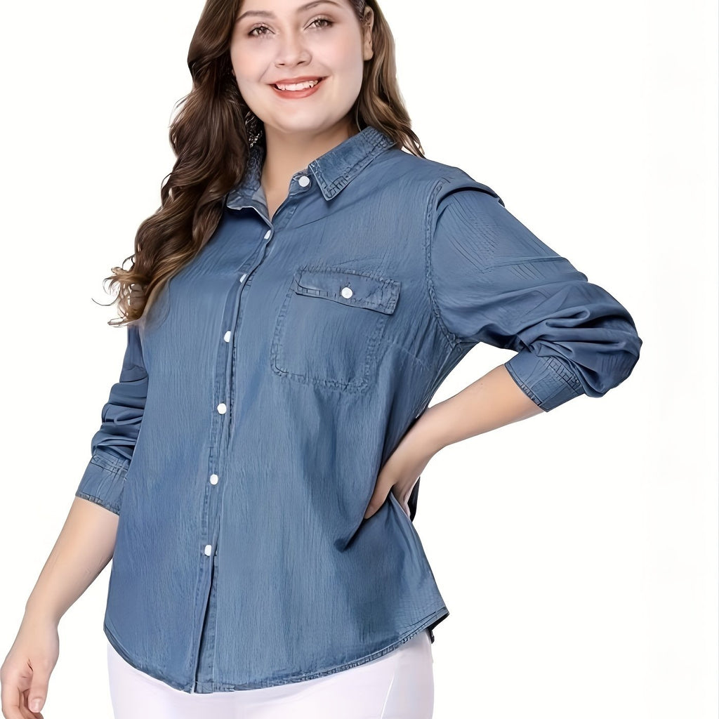 Chemise grande taille, col à revers, poches plaquées, manches longues — matière : denim