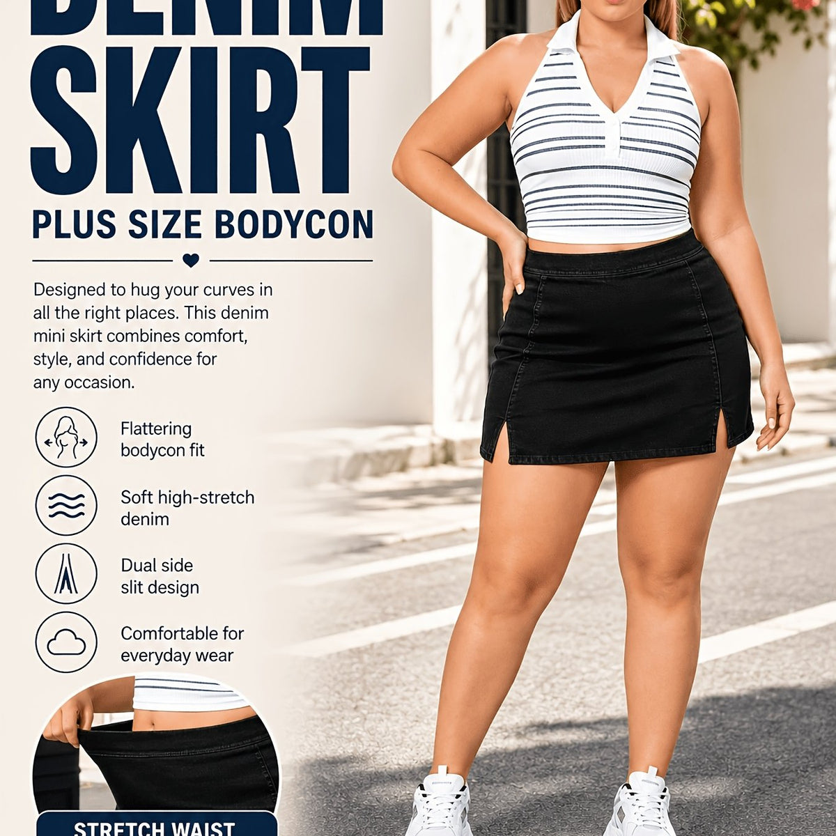 Jupe grande taille, coupe oversize, tenue franche, forte élasticité — composition : 58% Coton, 31.1% Polyester, 10.9% Élasthanne Image