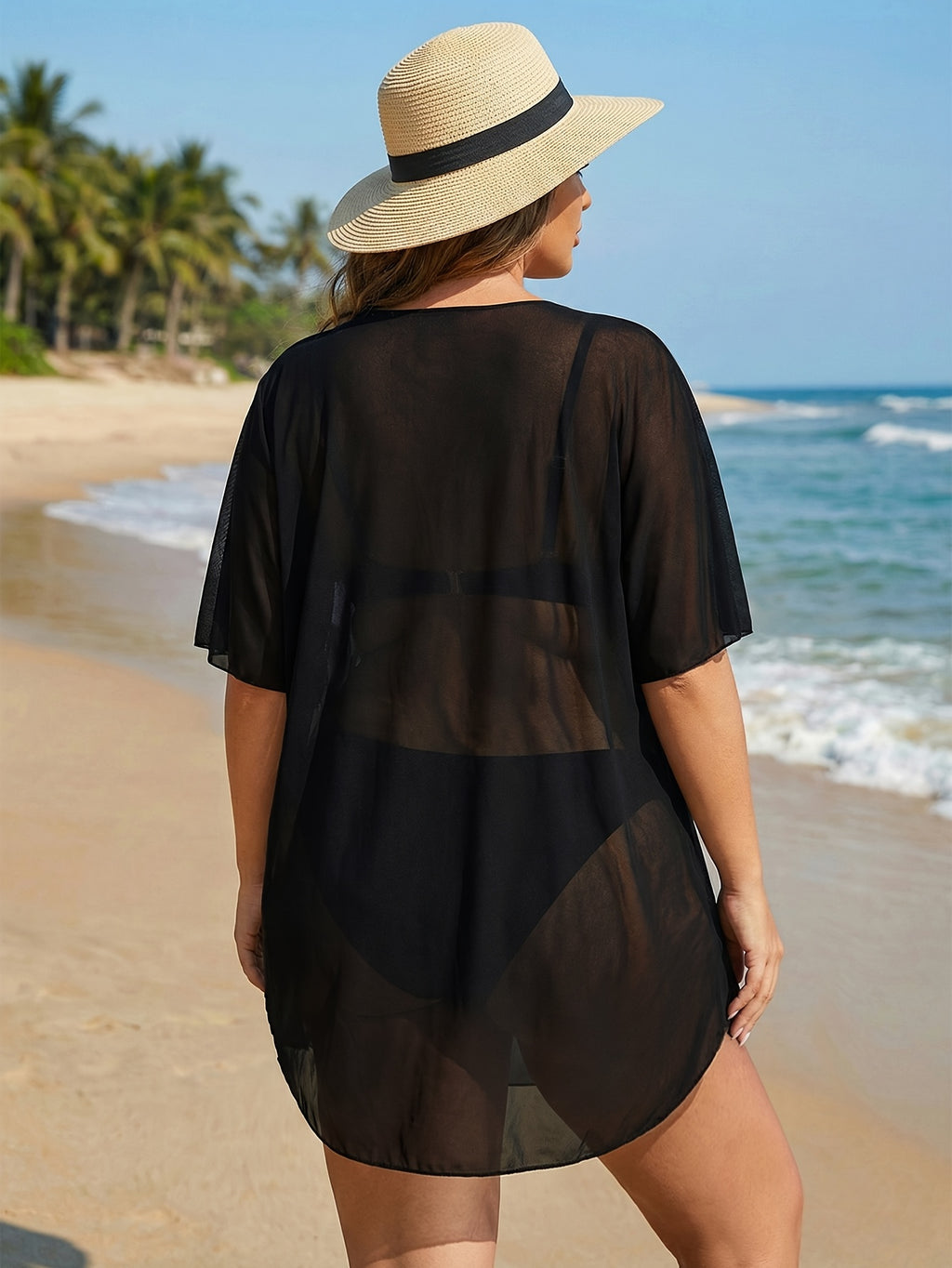 Robe de plage grande taille — Voile mesh à anneau au décolleté