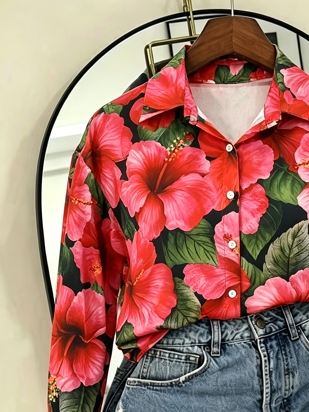 Chemise grande taille à imprimé fleuri, coupe ample, col — composition : 100% Polyester