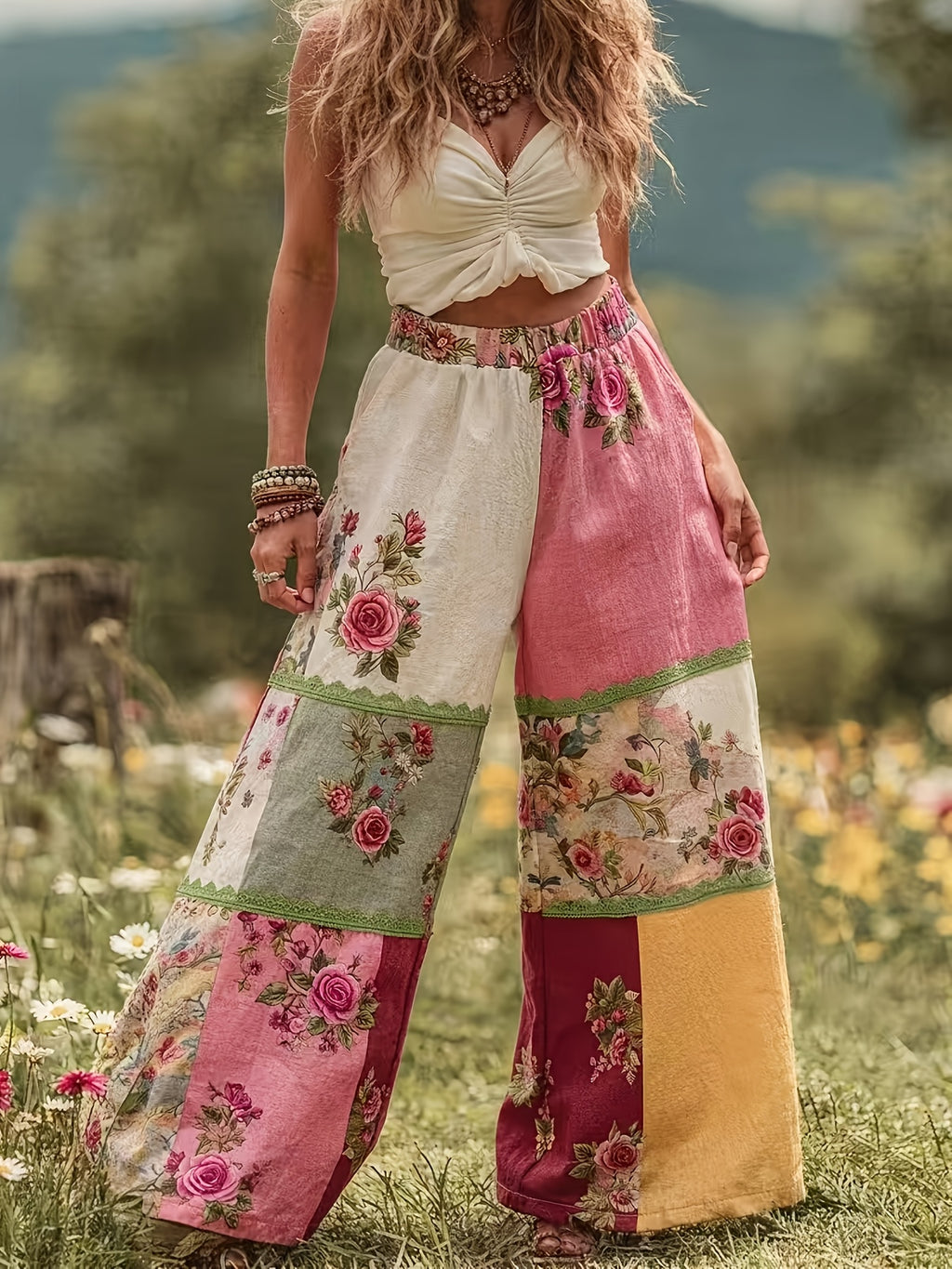 Pantalon grande taille à imprimé fleuri, coupe droite