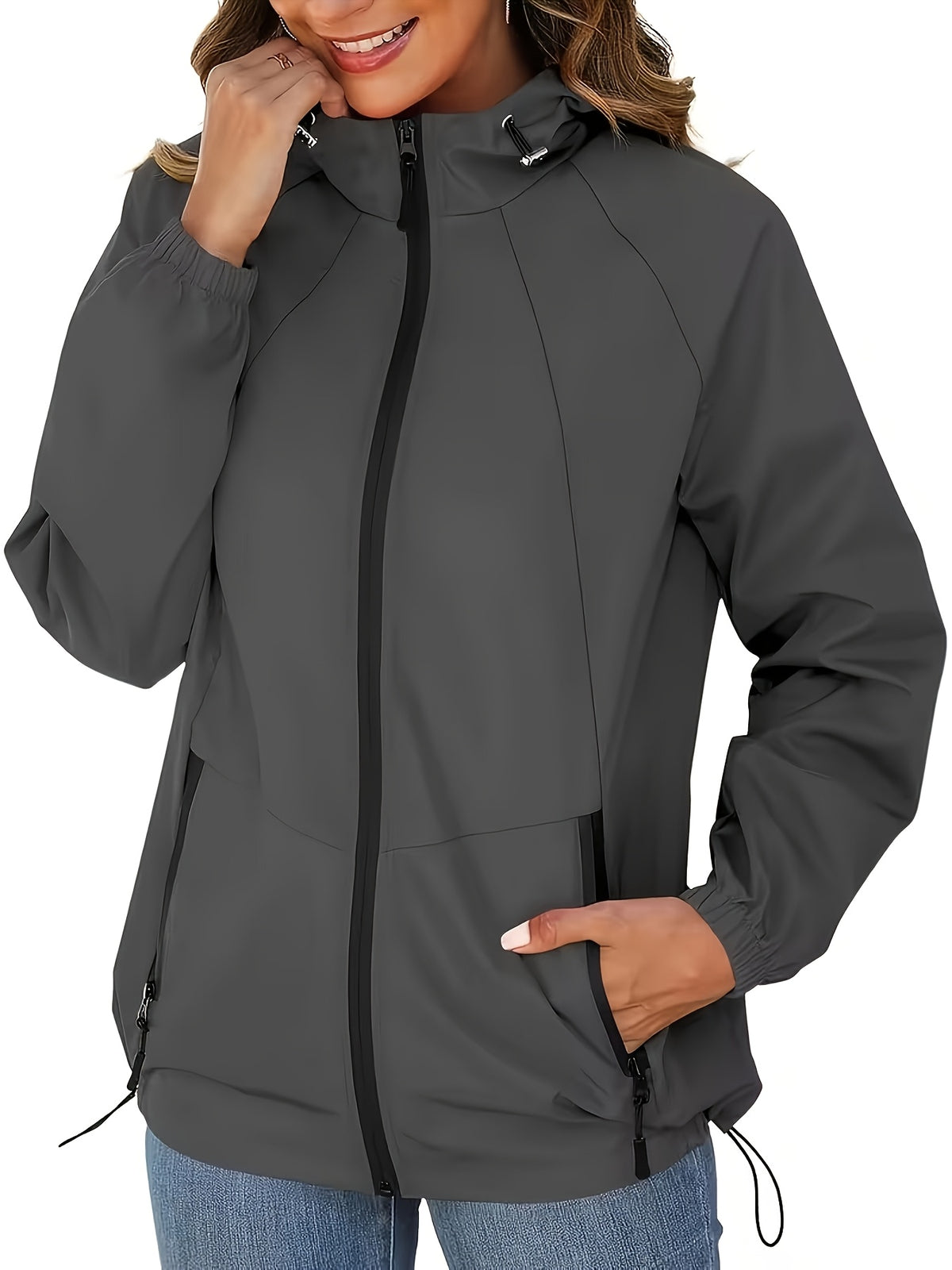 Veste grande taille, fermeture zippée, esprit trench, vu de dos