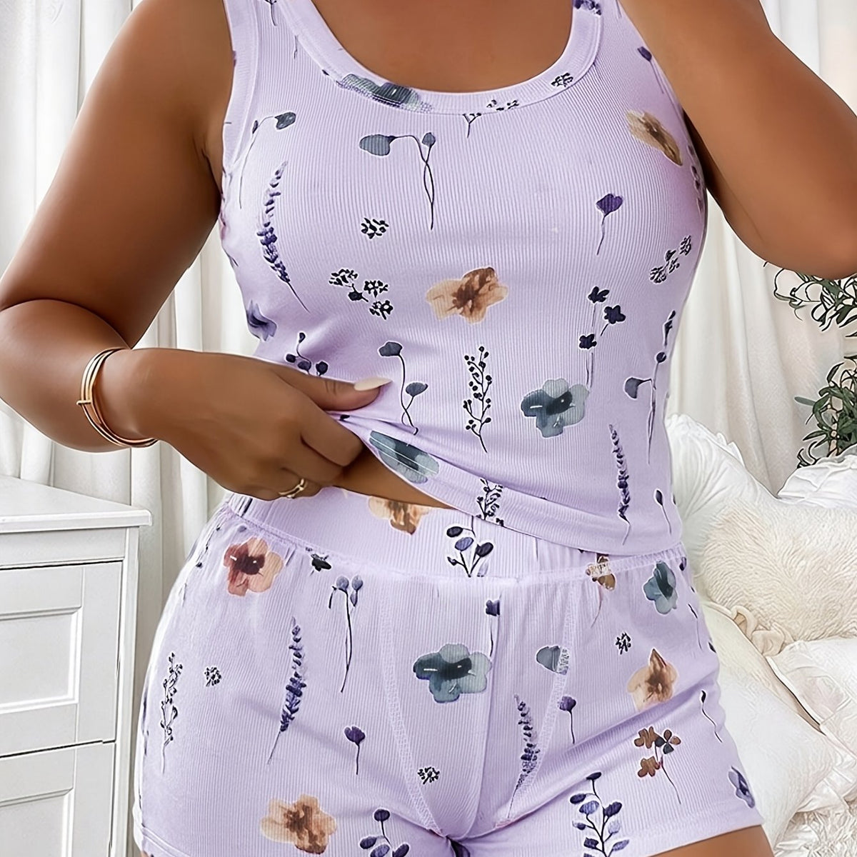 Pyjama grande taille à imprimé fleuri, tombé fluide — composition : 94% Viscose, 6% Élasthanne Image