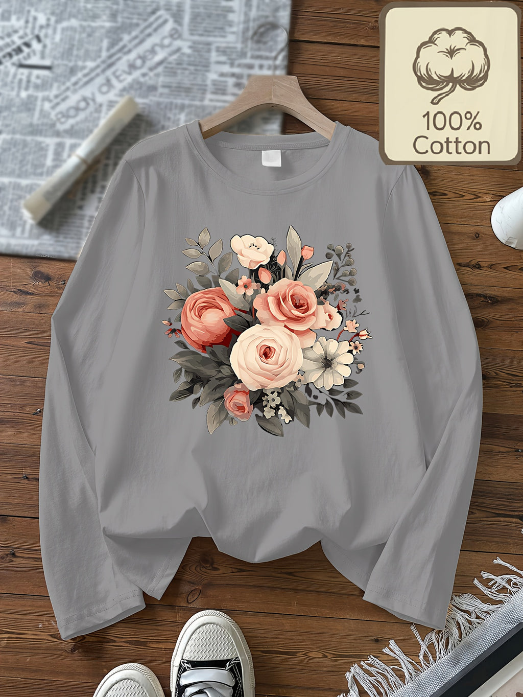 Top grande taille, col rond, manches longues, toucher naturel